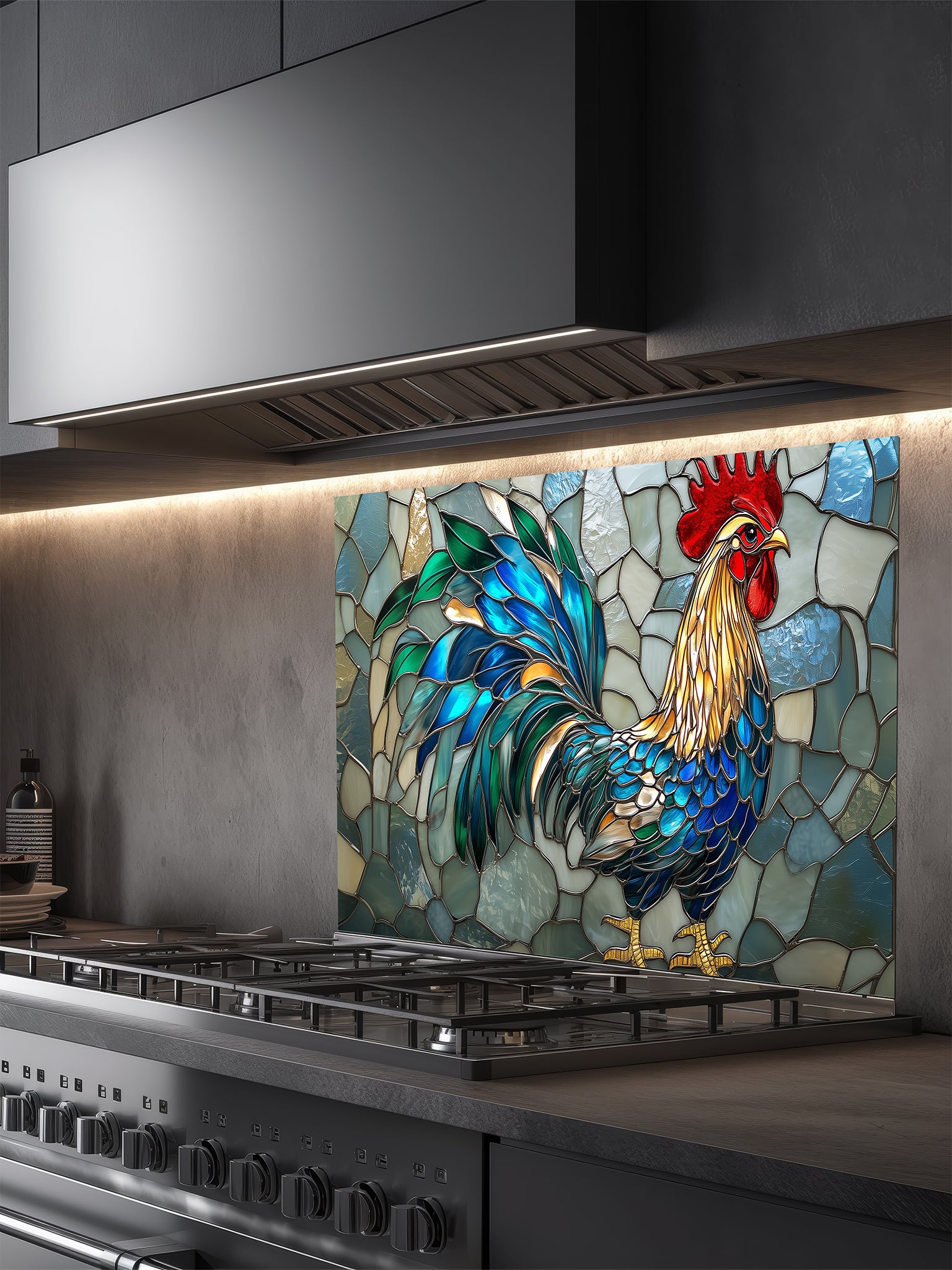 Tempered glass kitchen backsplash featuring a vibrant faux stained glass design of a rooster with striking teal and blue tail feathers against a light icy blue mosaic background, installed behind a modern stainless steel stove.