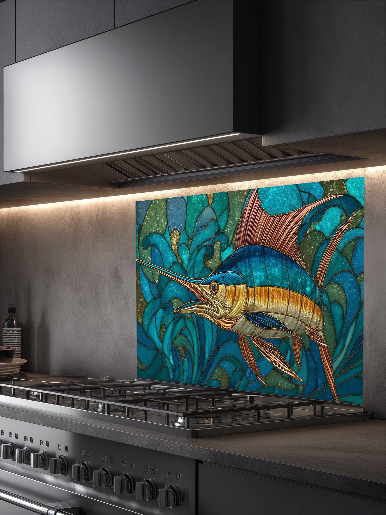 Stained glass style majestic blue marlin swimming through dynamic turquoise ocean waves, UV printed on a smooth tempered glass kitchen backsplash, installed behind a modern stove.