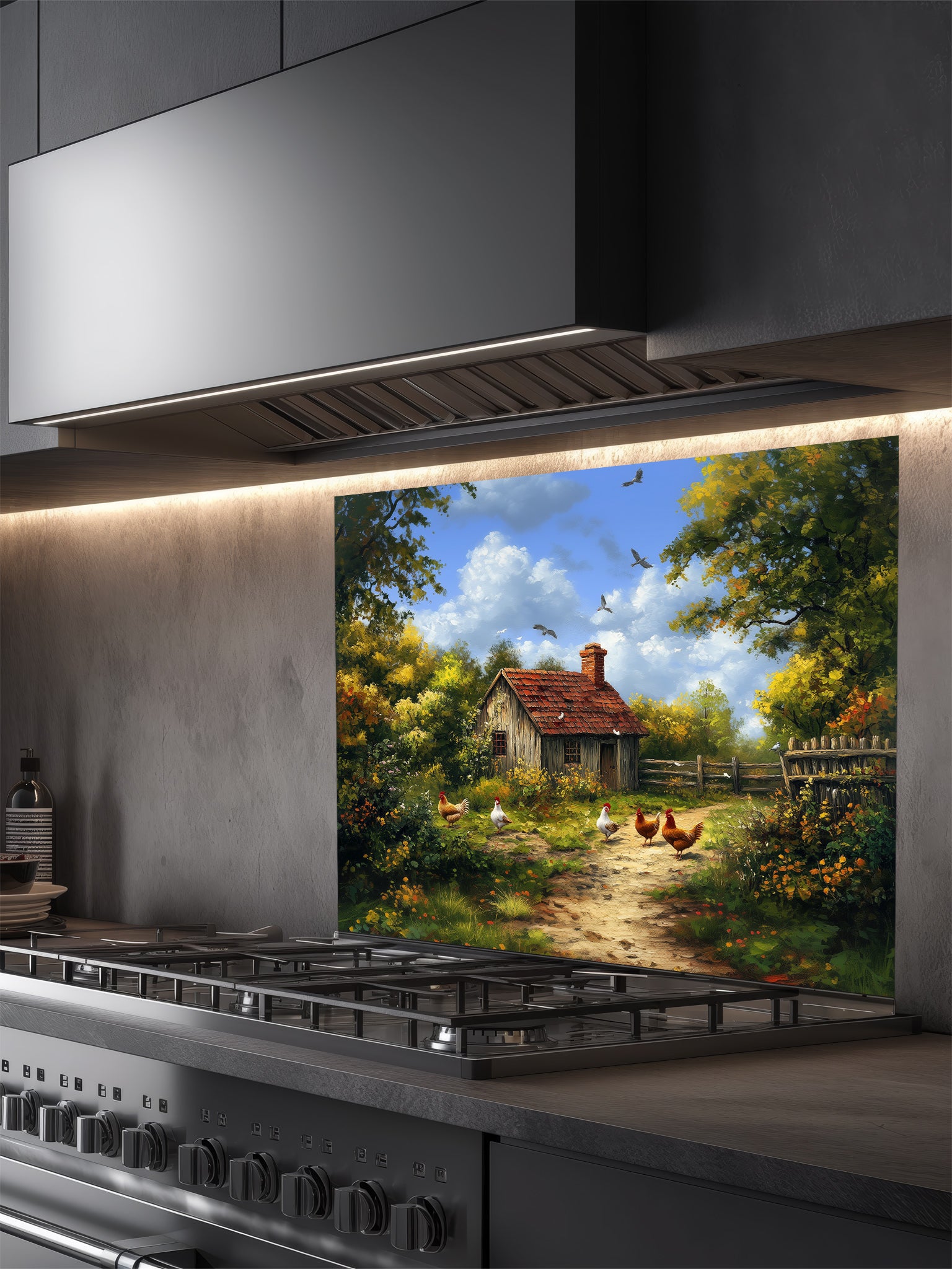 Tempered glass kitchen backsplash featuring a highly realistic illusion of a vintage oil painting showing a rustic farmhouse, lush green trees, and chickens on a dirt path under a blue sky, installed behind a modern stainless steel stove.