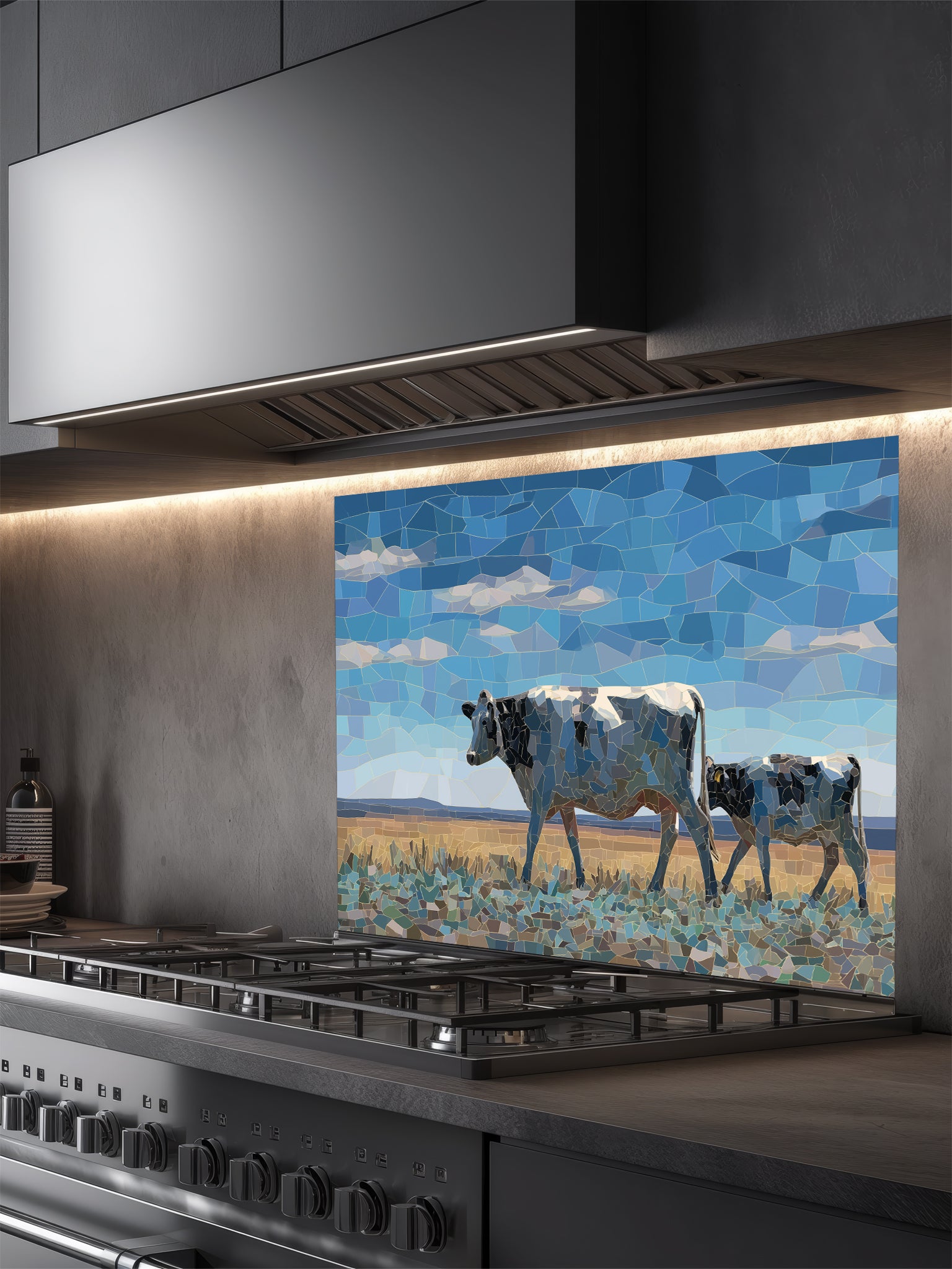 Faux mosaic tile art of a cow and calf in a pasture under a blue sky, UV printed on a smooth tempered glass kitchen backsplash, installed behind a modern stove.