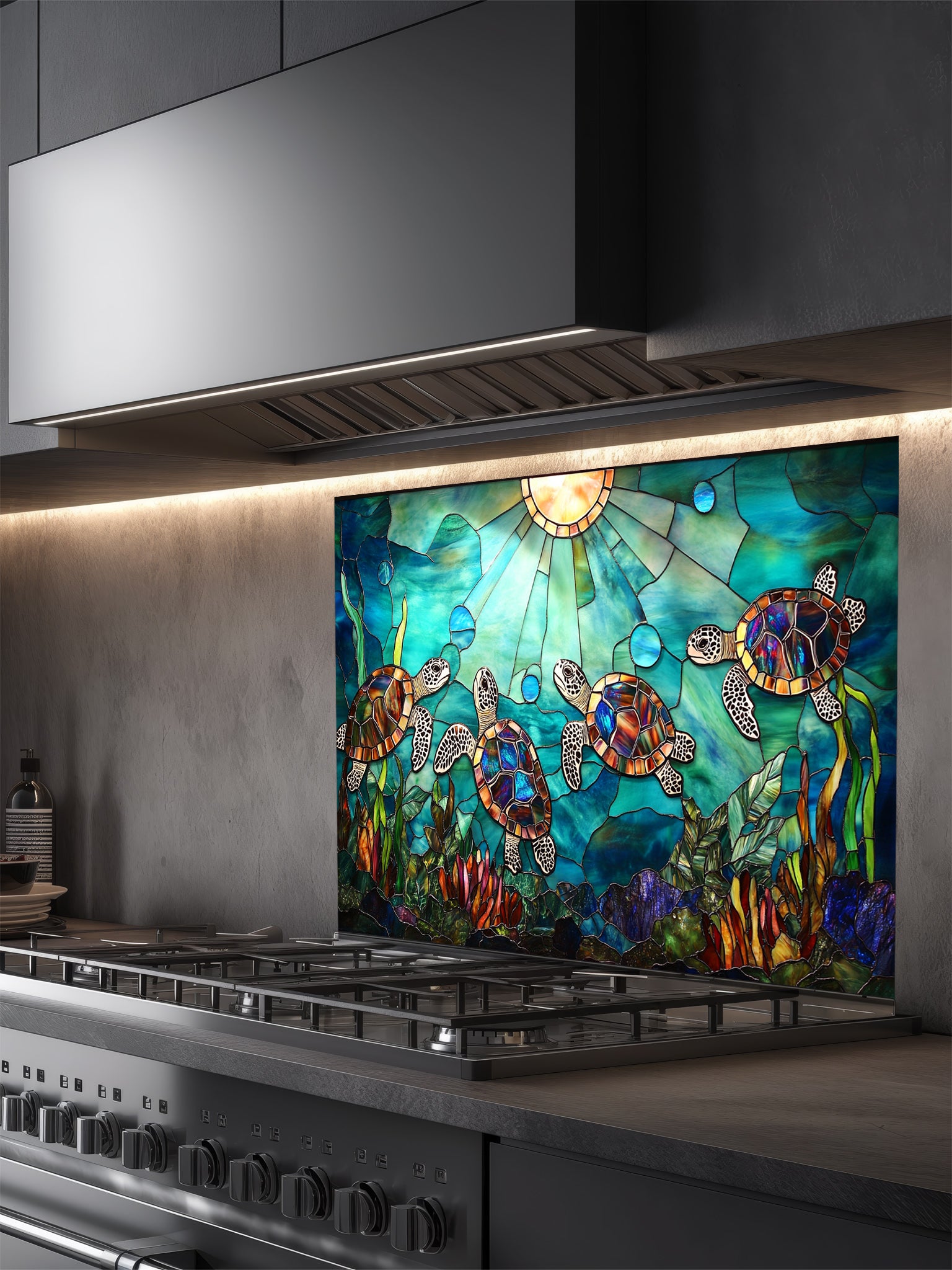 Stained glass style sea turtles swimming in vibrant blue ocean waters with sun rays, UV printed on a smooth tempered glass kitchen backsplash, installed behind a modern stove.