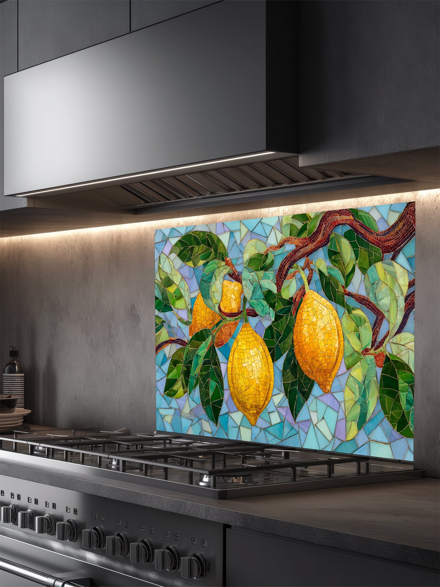 Tempered glass kitchen backsplash featuring a highly realistic 3D illusion of mosaic tile art showing bright yellow lemons and lush green leaves on a branch against a multi-toned light blue and teal mosaic background, installed behind a modern black stove.