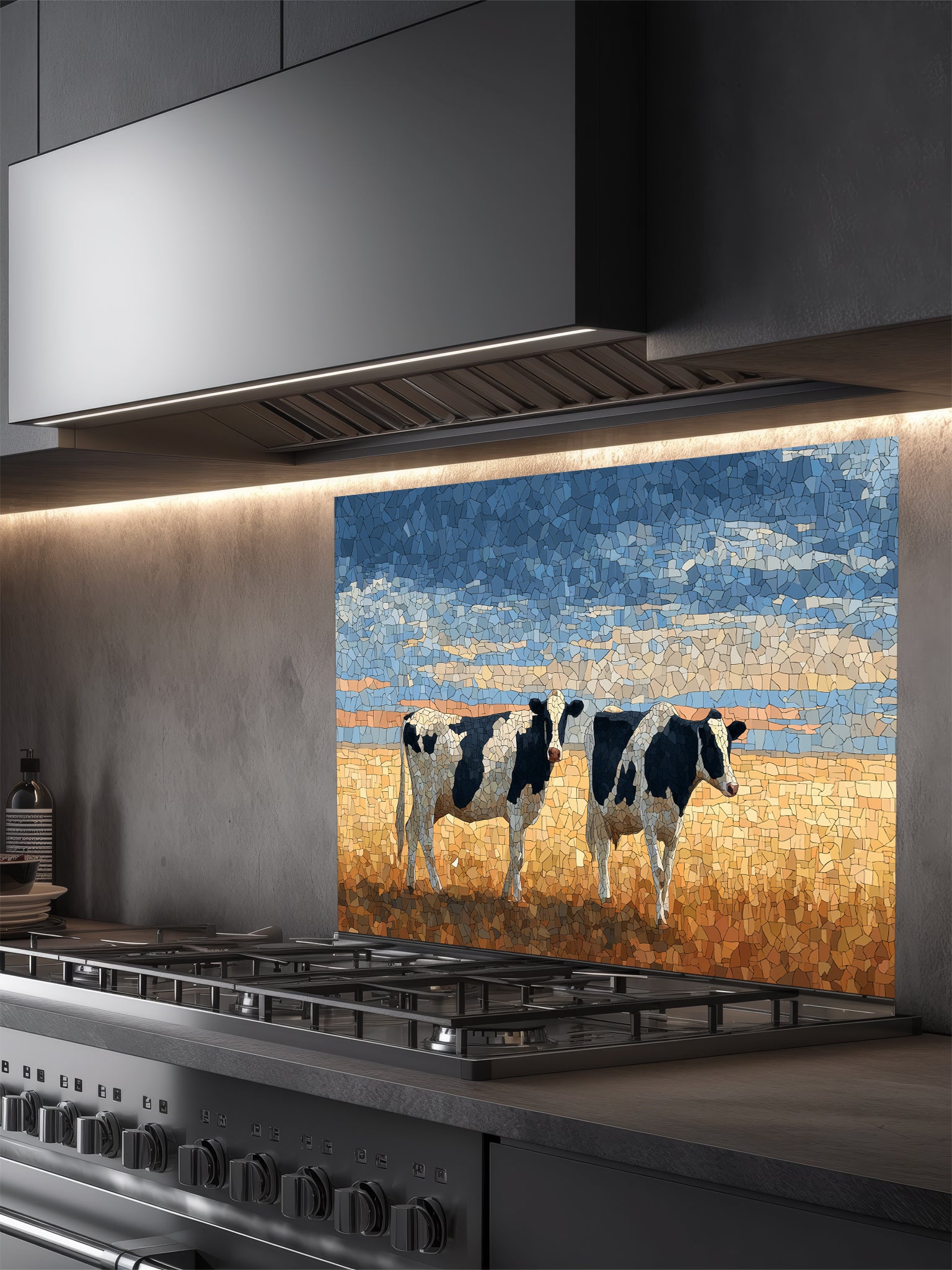 Faux mosaic tile art of black and white cows standing in a golden pasture under a blue sky, UV printed on a smooth tempered glass kitchen backsplash, installed behind a modern stove.