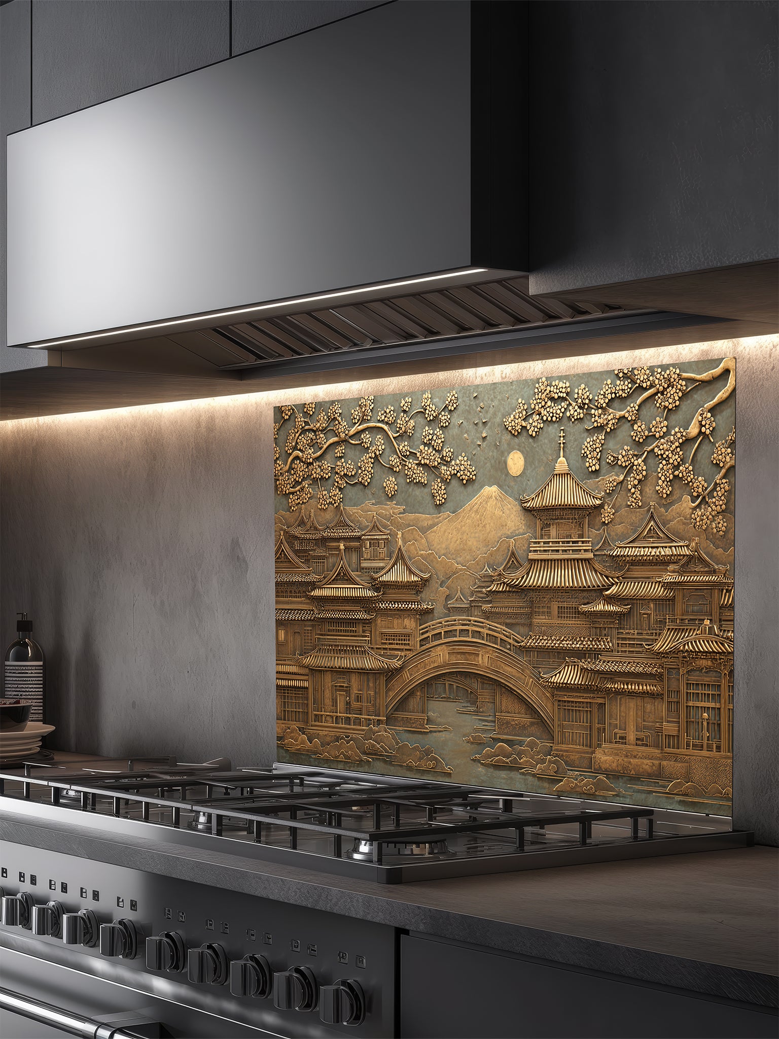 Tempered glass kitchen backsplash featuring a highly realistic 3D faux metal relief of a serene Japanese landscape with a traditional pagoda, bridge, cherry blossom trees, and a distant mountain in antique bronze tones, installed behind a modern stainless steel stove.