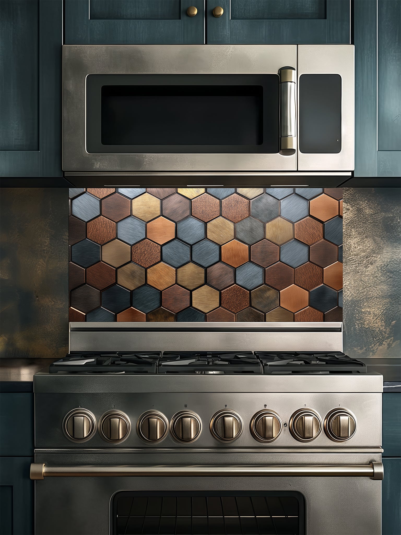 Tempered glass kitchen backsplash featuring a modern metallic hexagon honeycomb pattern in rich copper, bronze, and slate blue tones, installed behind a stainless steel stove.