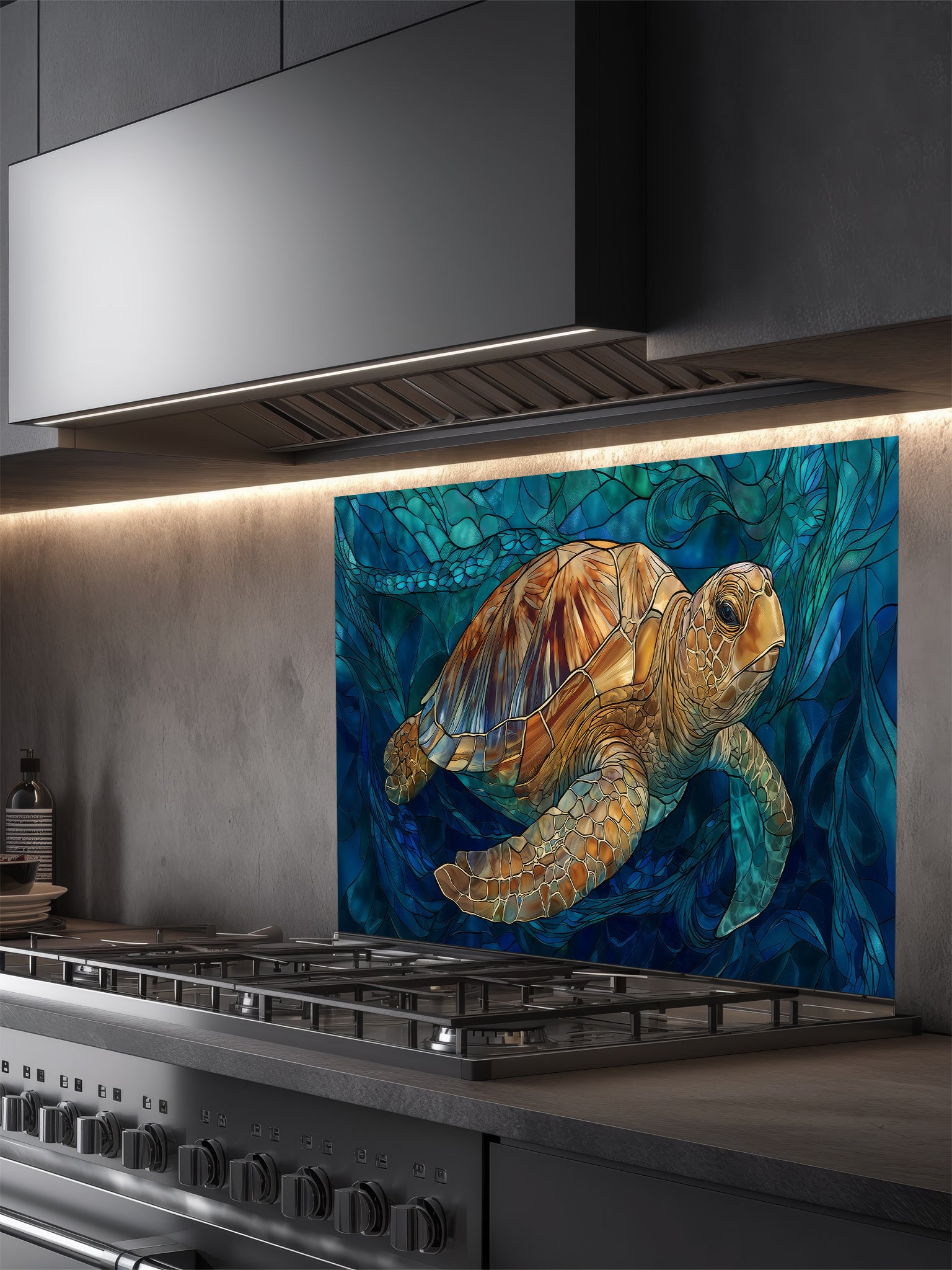 Tempered glass kitchen backsplash featuring a highly realistic 3D illusion of stained glass art showing a majestic sea turtle swimming through deep blue ocean flora and waves, installed behind a modern stainless steel stove.