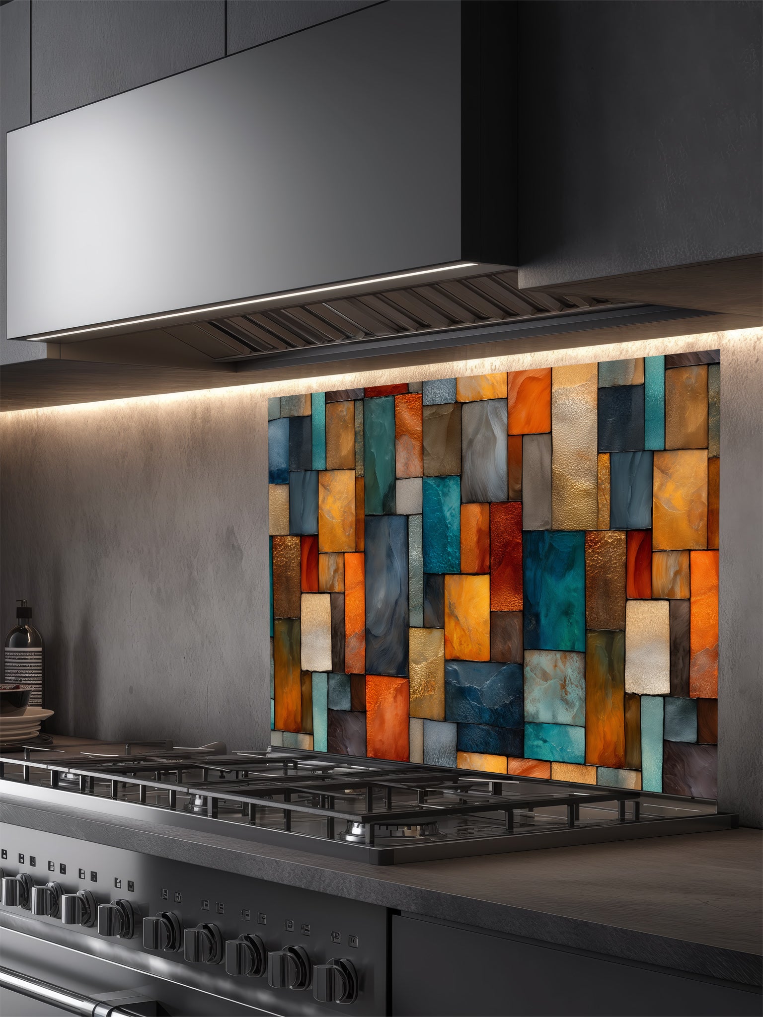 Tempered glass kitchen backsplash featuring a highly realistic 3D illusion of an abstract geometric mosaic made of textured stained glass rectangles in vibrant teal, amber, orange, and slate grey, installed behind a modern stainless steel stove.