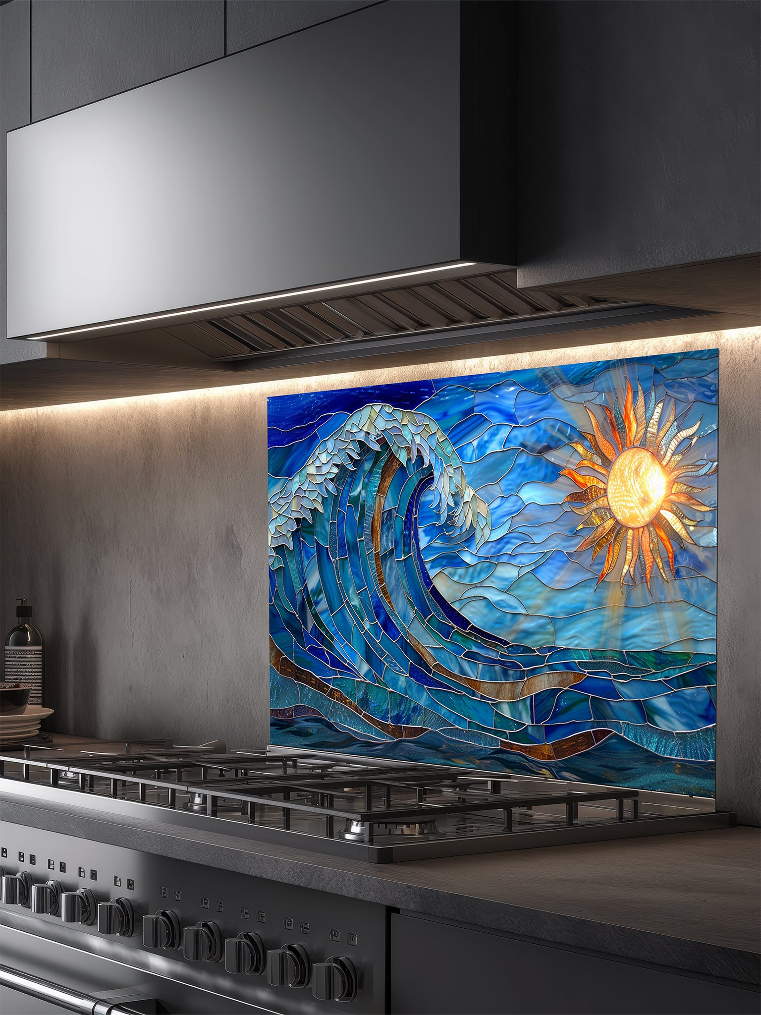 Tempered glass kitchen backsplash featuring a vibrant faux stained glass design of a dynamic crashing ocean wave in blues and teals, with a glowing golden sun and sunbeams on the right, installed behind a modern stainless steel stove.