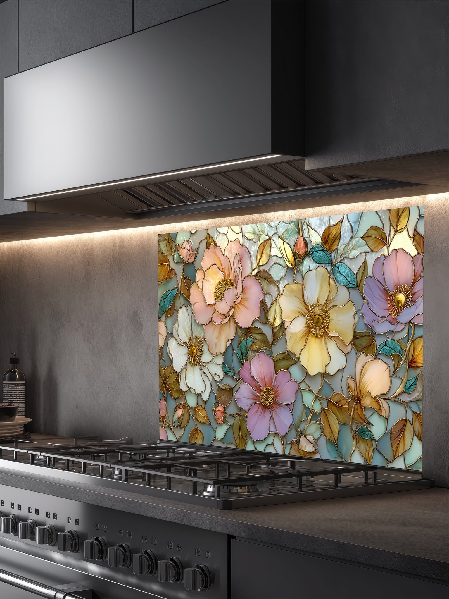 Stained glass style botanical pattern featuring large pastel pink, peach, and yellow peony flowers with gold outlines, UV printed on a smooth tempered glass kitchen backsplash.