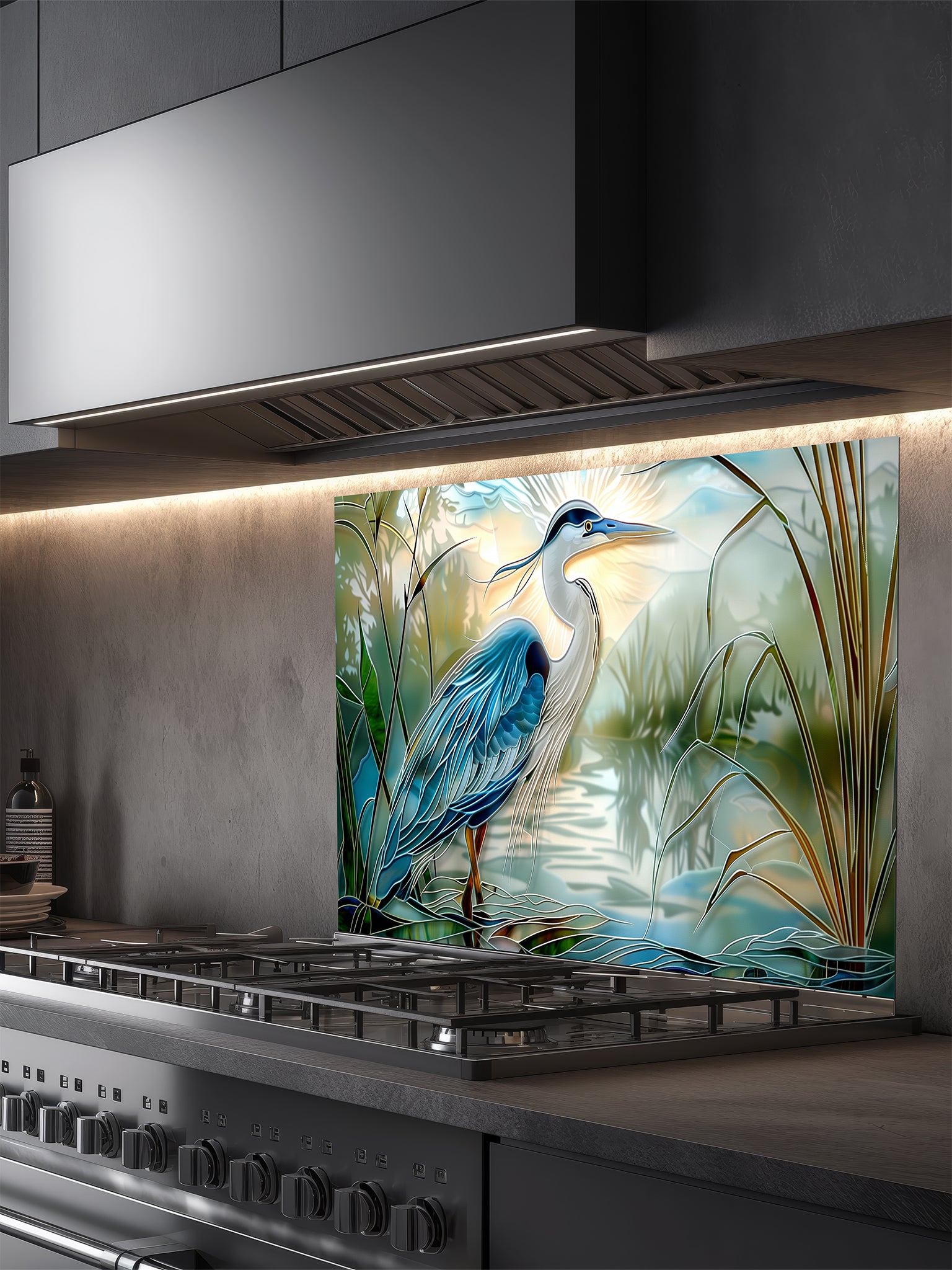 Tempered glass kitchen backsplash featuring a bright faux stained glass design of a majestic blue heron standing in a wetland, with bright sun rays radiating like a halo from behind its head, installed behind a modern stainless steel stove.
