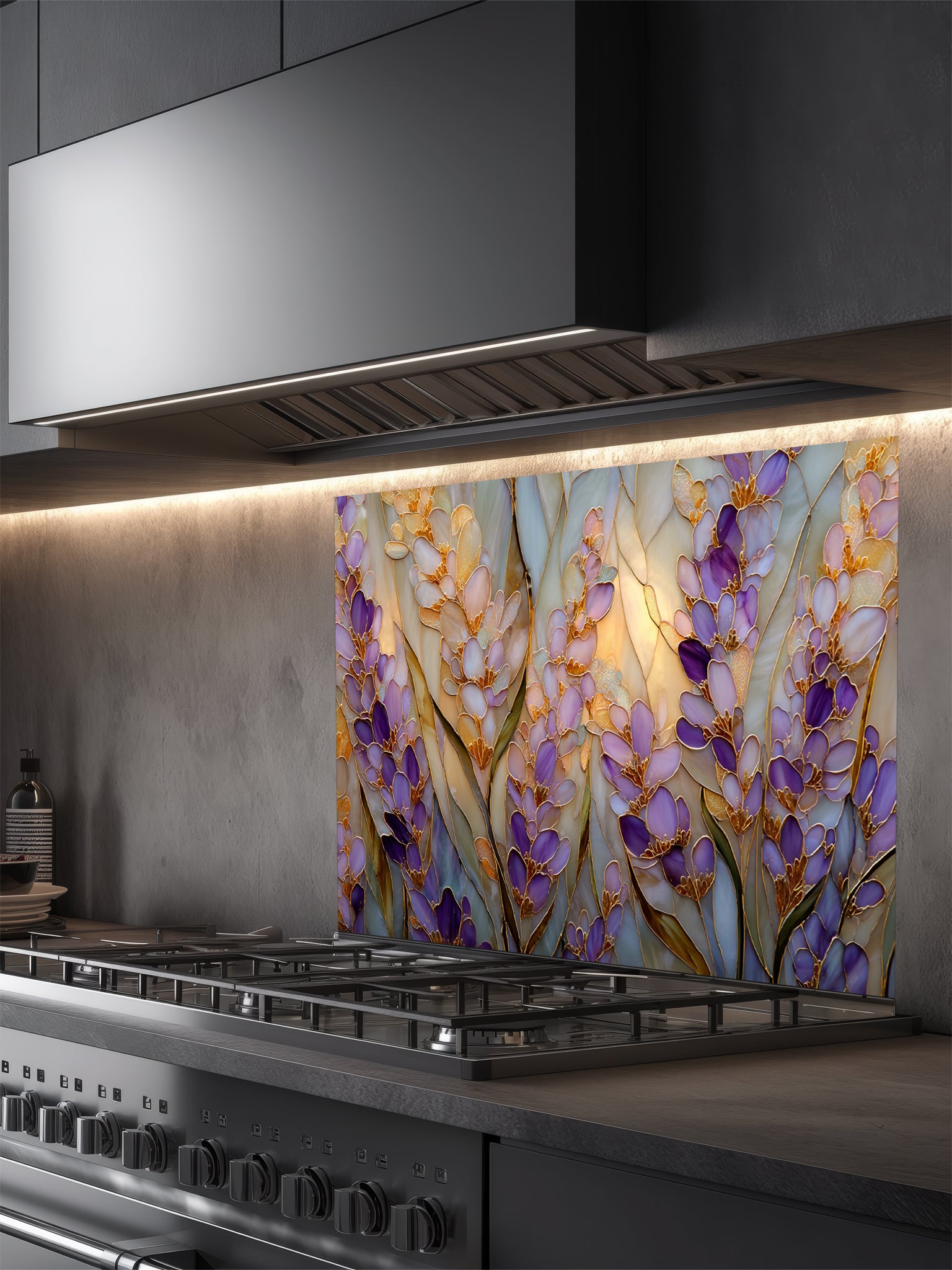 Tempered glass kitchen backsplash featuring a highly realistic 3D illusion of Art Nouveau stained glass art showing elegant, sweeping clusters of purple lavender and lilac blossoms with green leaves outlined in gold against a warm amber background, installed behind a modern black stove.