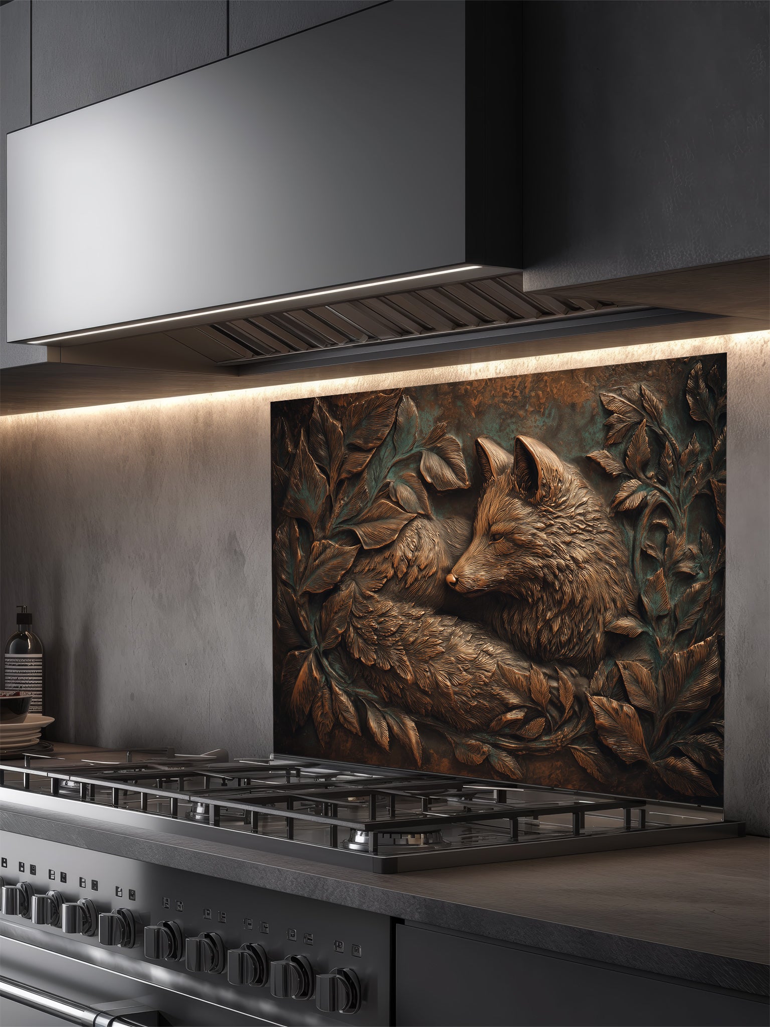 A sleek kitchen featuring a tempered glass backsplash with a highly realistic 3D illusion of an antique copper embossed fox resting among leaves, installed behind a modern stainless steel stove.