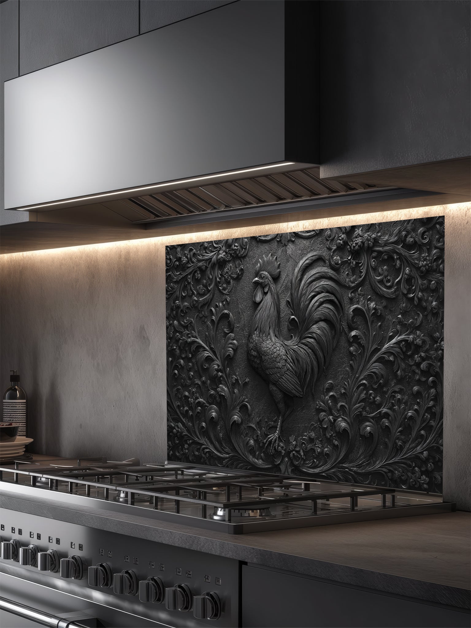 Faux 3D sculpted dark slate and black cast iron relief of a majestic rooster and botanical motifs, UV printed on a smooth tempered glass kitchen backsplash.