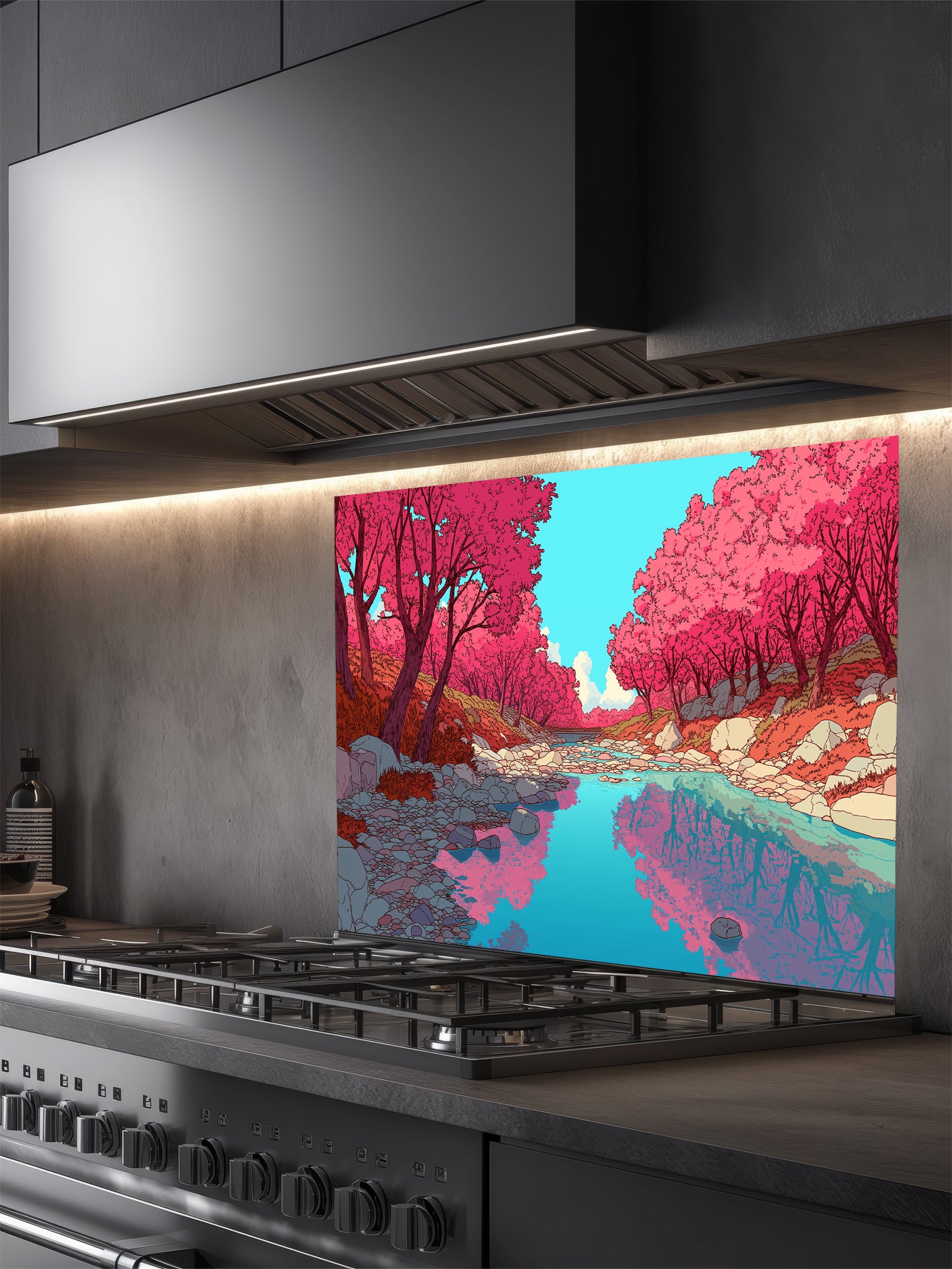 Anime style vibrant pink cherry blossom trees reflecting in a peaceful blue river, UV printed on a smooth tempered glass kitchen backsplash, installed behind a modern stove.