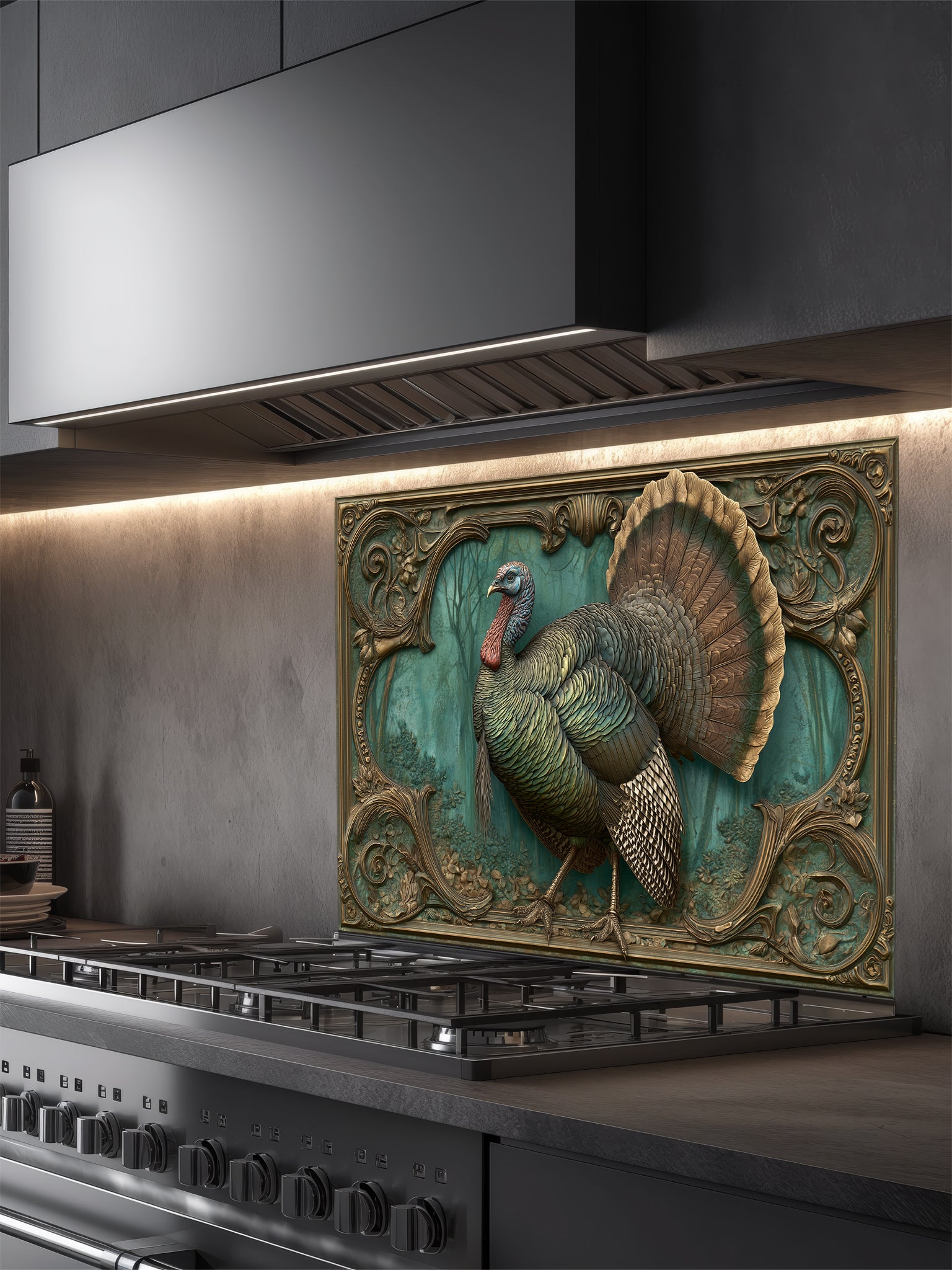 Faux 3D sculpted bronze and brass relief of a majestic turkey framed by baroque scrollwork, UV printed on a smooth tempered glass kitchen backsplash.