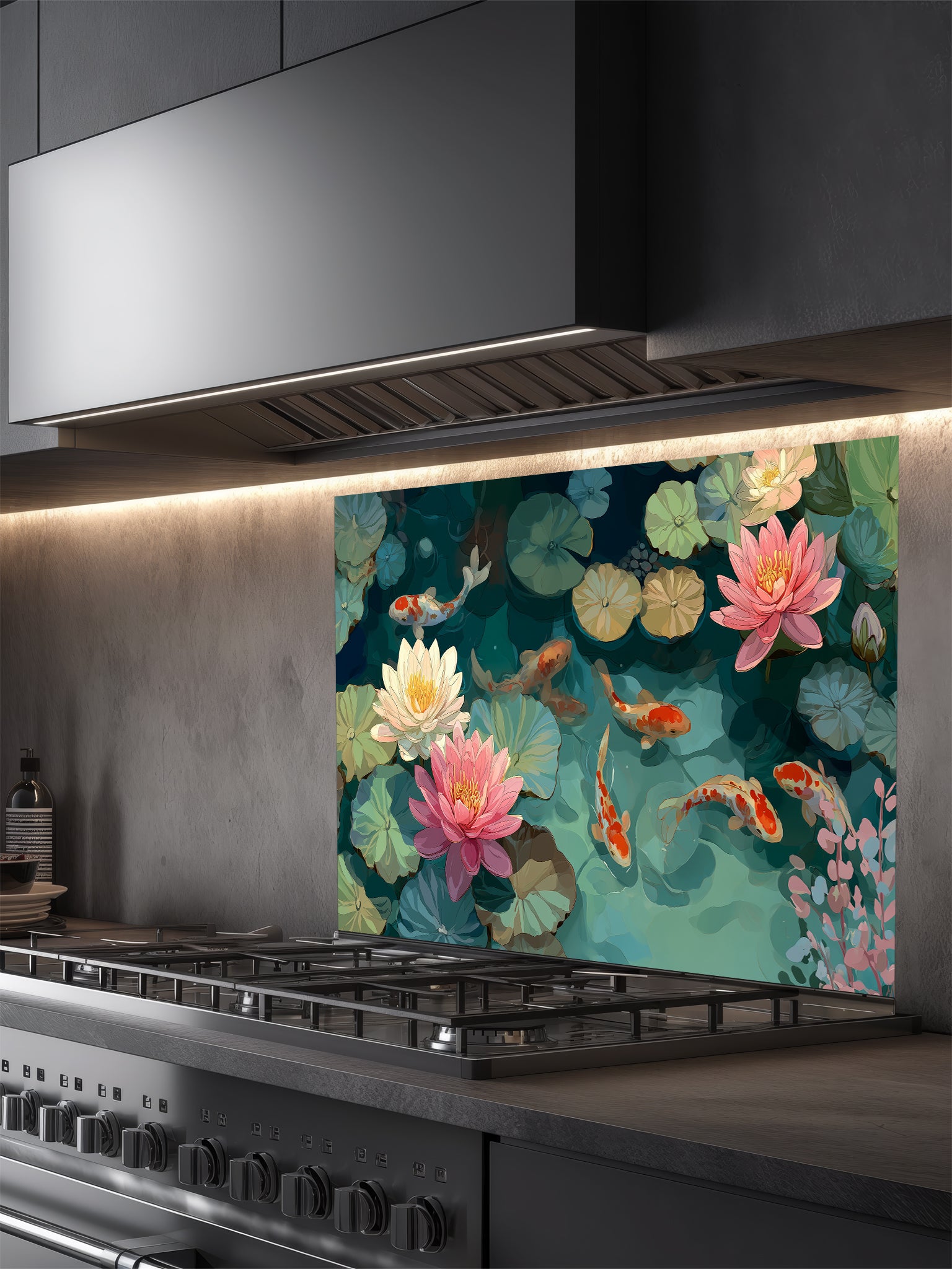 Serene illustration of orange koi fish swimming among pink lotus flowers and green lily pads, UV printed on a smooth tempered glass kitchen backsplash, installed behind a modern stove.