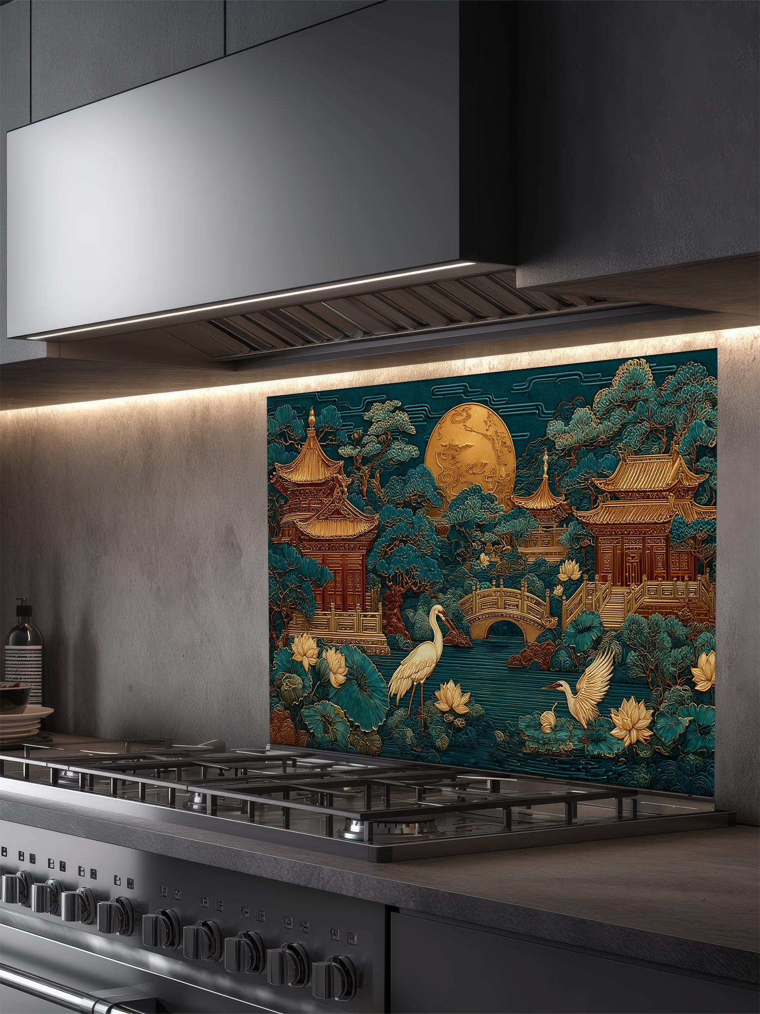 Faux 3D sculpted relief of an Asian landscape featuring golden pagodas, cranes, and a full moon against a deep teal background, UV printed on a smooth tempered glass kitchen backsplash.