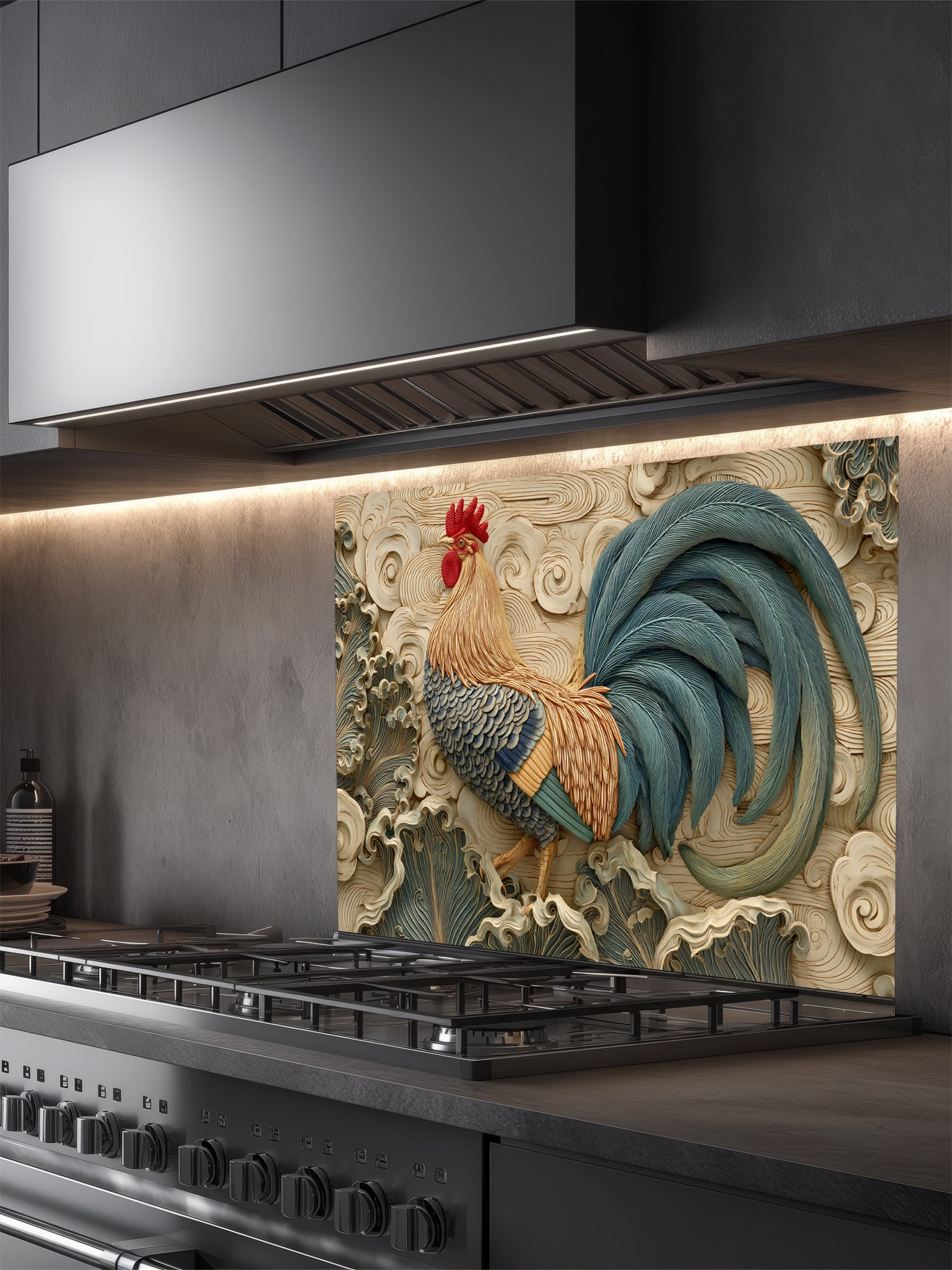 Tempered glass kitchen backsplash featuring a highly realistic 3D illusion of an intricately carved bas-relief sculpture showing a proud rooster with teal and amber feathers against a dynamic background of flowing, stylized swirling clouds and wind motifs in warm cream tones, installed behind a modern black stove.