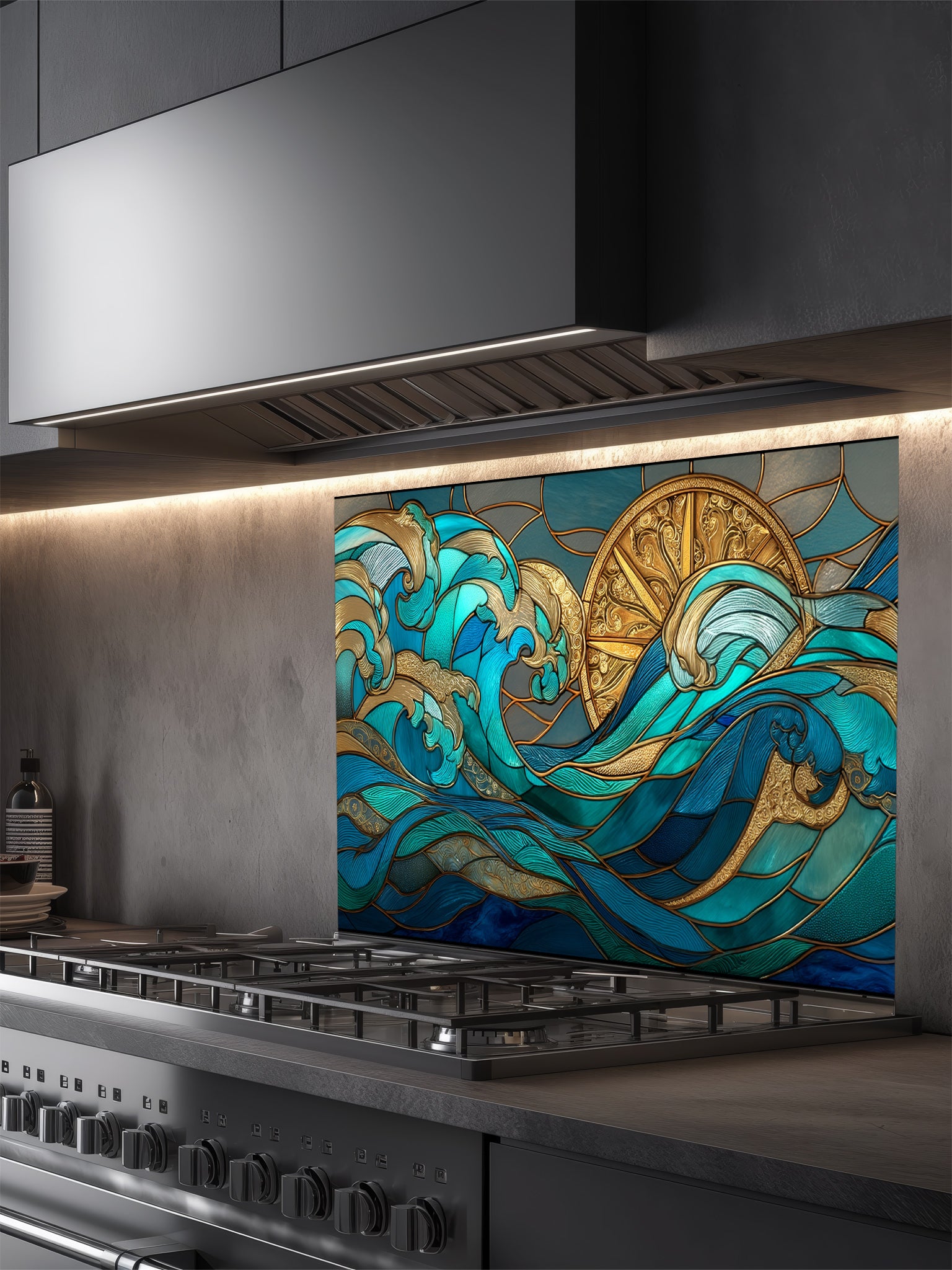 Art Deco stained glass style teal ocean waves and a golden sun UV printed on tempered glass kitchen backsplash, installed behind a modern stove.