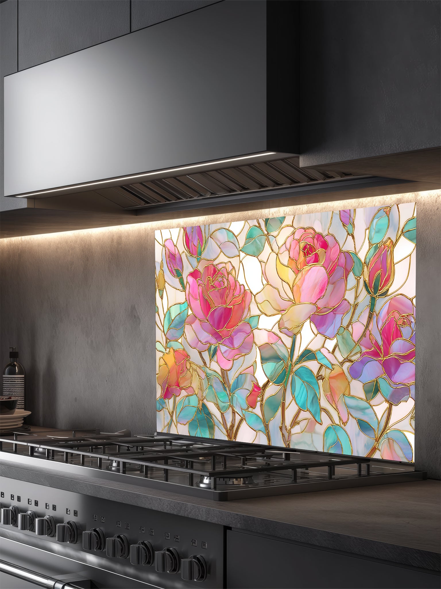 Tempered glass kitchen backsplash featuring a highly realistic 3D illusion of stained glass art showing large, elegant blooming pink and magenta roses with teal and green leaves, beautifully outlined in faux gold, installed behind a modern black stove.