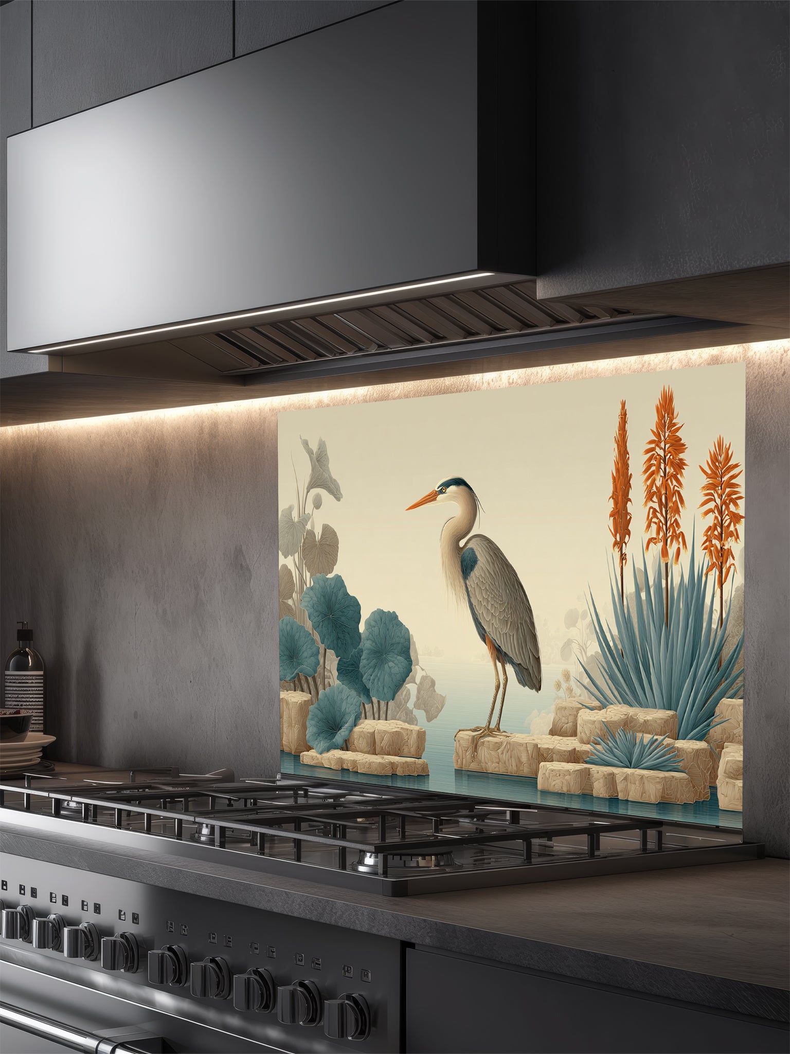 Tempered glass kitchen backsplash featuring a highly realistic illusion of a vintage naturalist illustration showing a serene blue heron standing on beige rocks among muted teal lotus leaves and tall orange exotic flowers against a soft cream background, installed behind a modern black stove.
