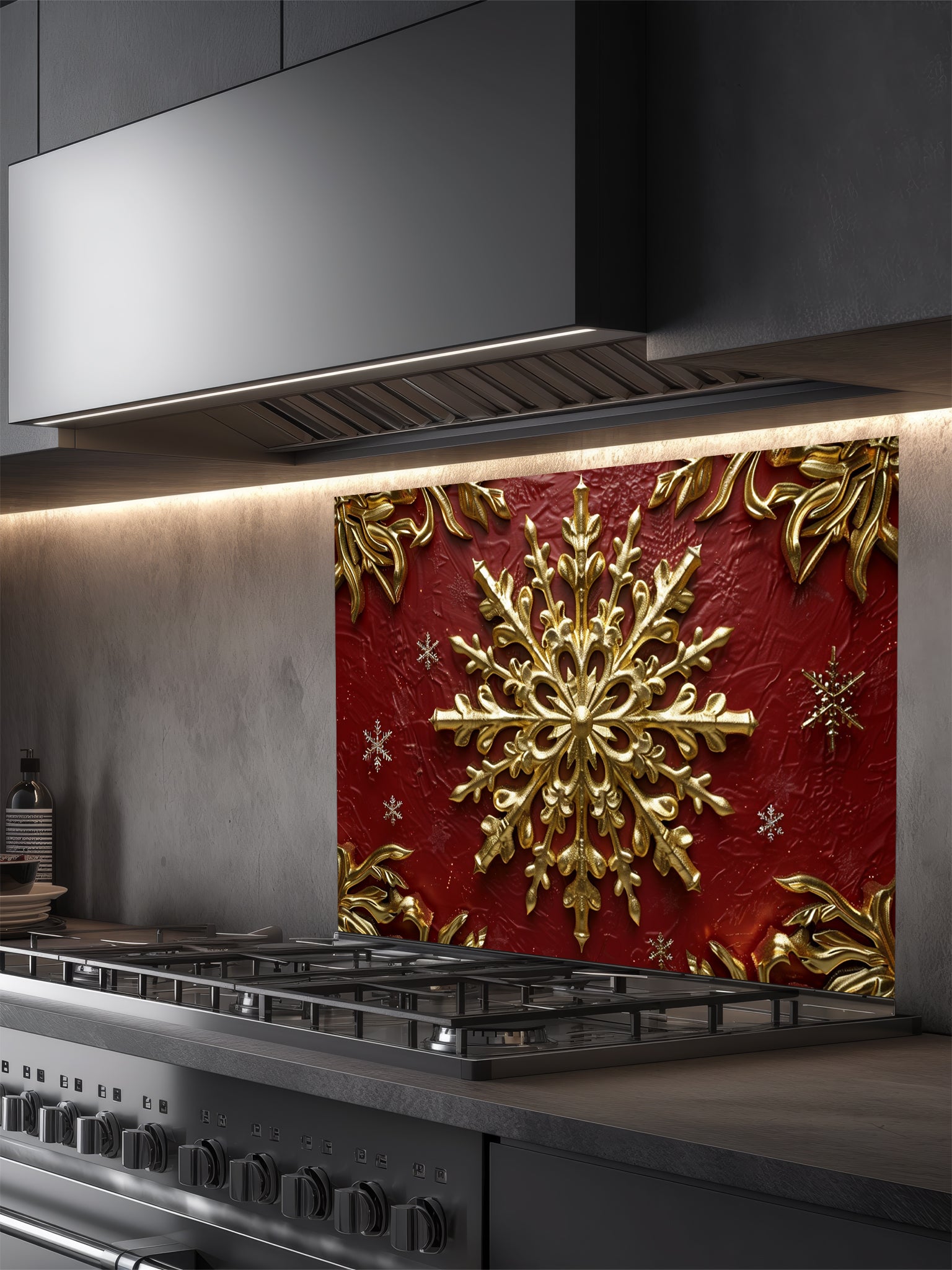 Tempered glass kitchen backsplash featuring a highly realistic 3D illusion of an ornate, embossed gold snowflake surrounded by smaller snowflakes and elegant golden corner flourishes against a rich, textured burgundy red background, installed behind a modern black stove.