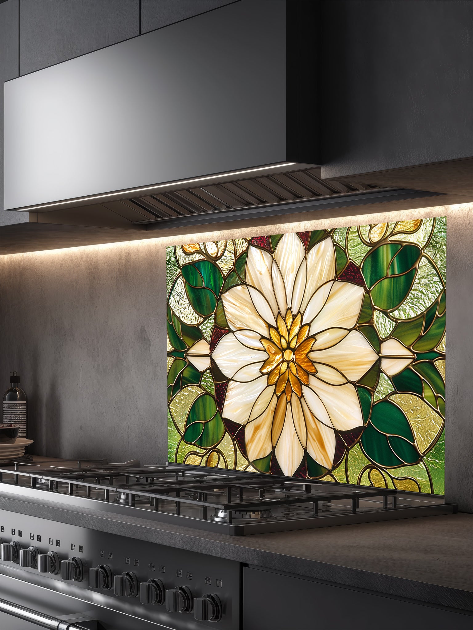 Stained glass style large white flower and rich green leaves UV printed on a smooth tempered glass kitchen backsplash, installed behind a modern stove.