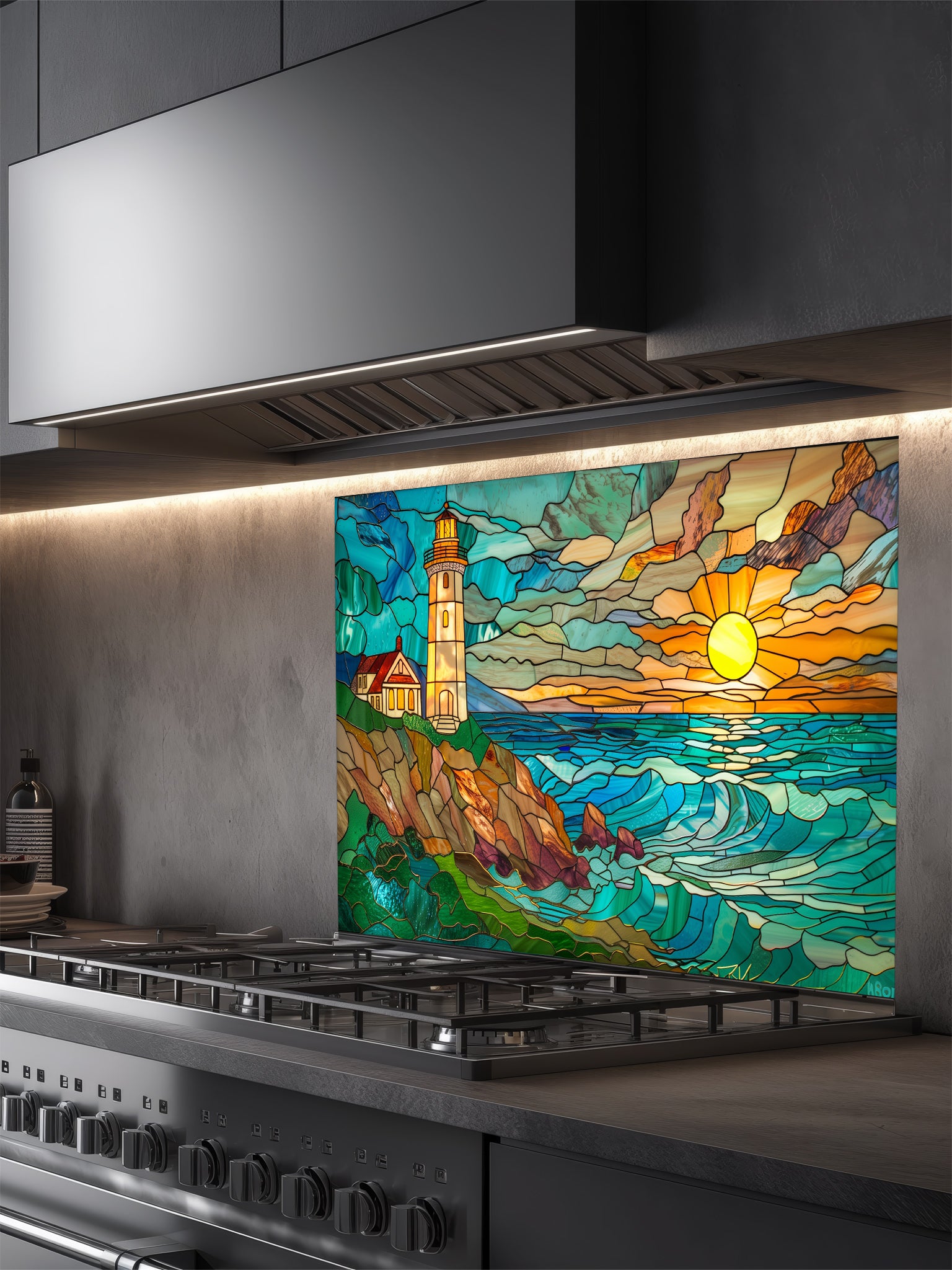 Stained glass style coastal landscape with a lighthouse on a rocky cliff and a vibrant ocean sunset, UV printed on a smooth tempered glass kitchen backsplash, installed behind a modern stove.