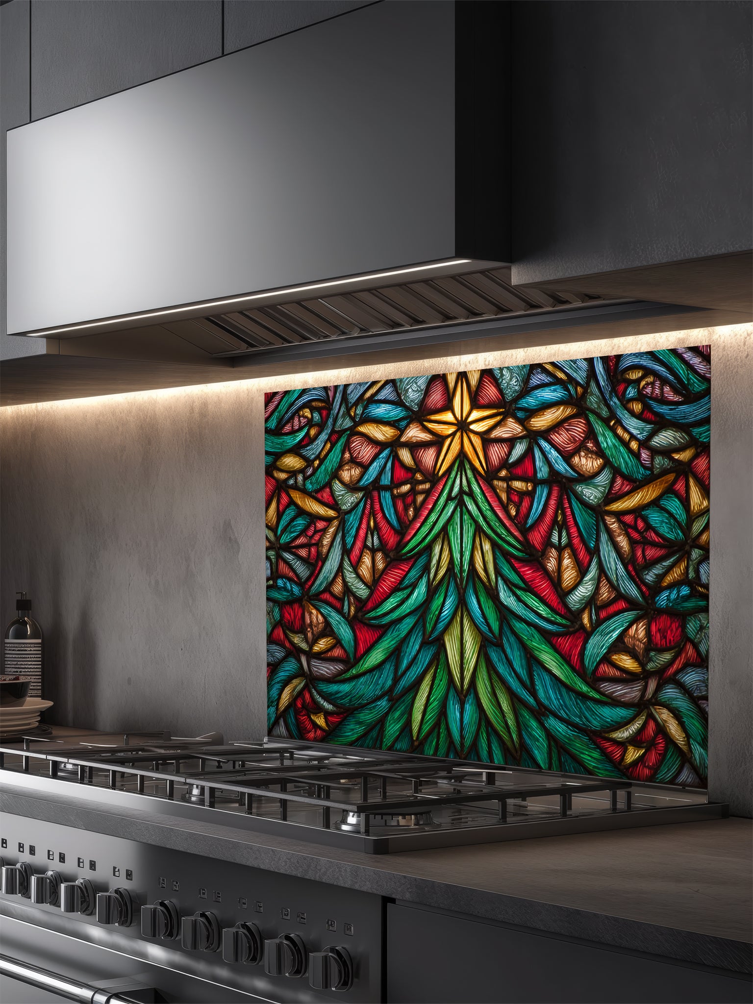Tempered glass kitchen backsplash featuring a highly realistic 3D illusion of stained glass art showing a vibrant, symmetrical geometric Christmas tree with a glowing gold star at the top in rich jewel tones of emerald green, ruby red, and amber, installed behind a modern black stove.