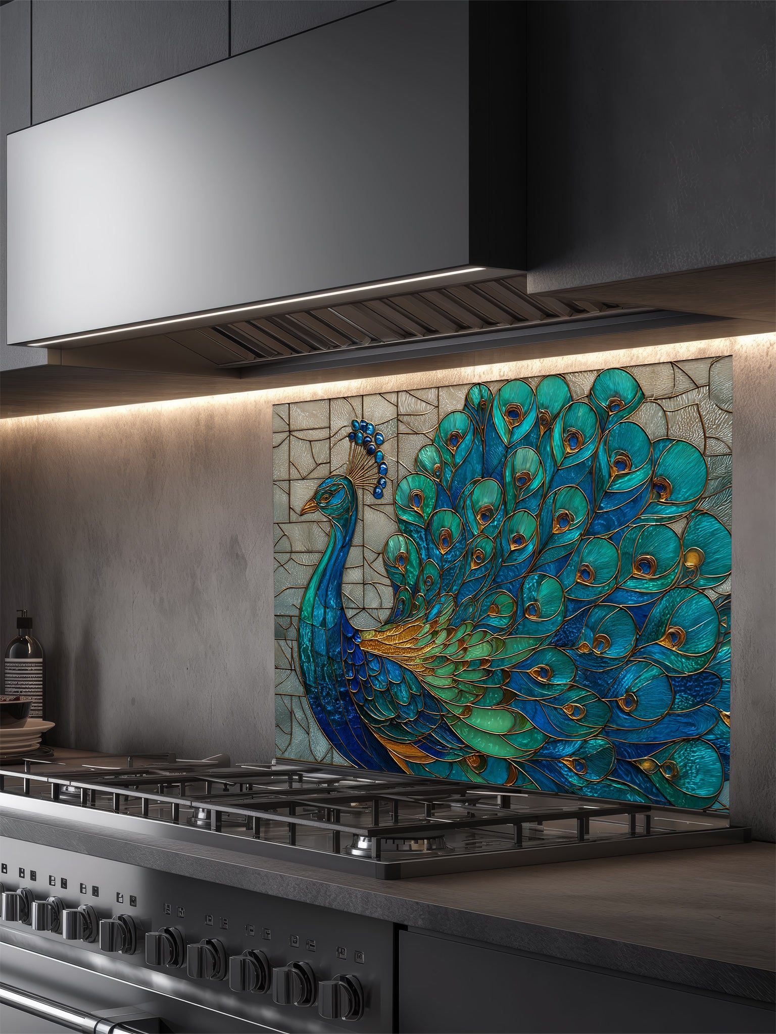 Stained glass style majestic peacock with spread feathers in teal, blue, and gold, UV printed on a smooth tempered glass kitchen backsplash, installed behind a modern stove.