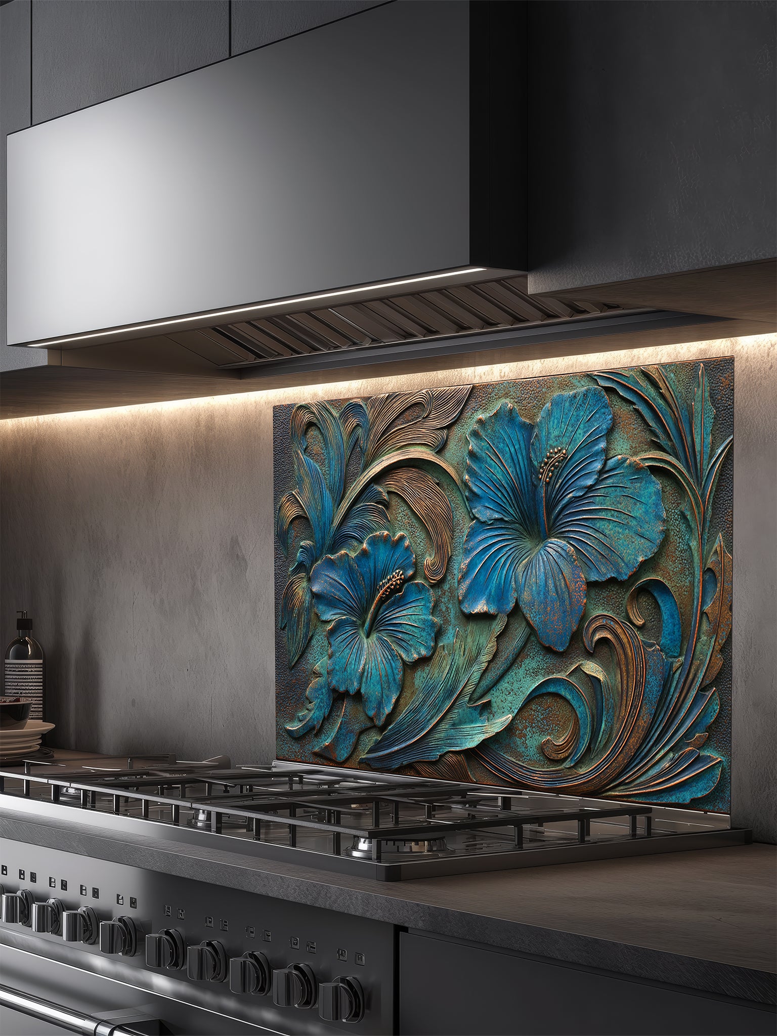 Tempered glass kitchen backsplash featuring a highly realistic 3D faux metal relief design of large tropical hibiscus flowers with a rich teal patina and antique copper accents over a dark textured background, installed behind a modern stainless steel stove.