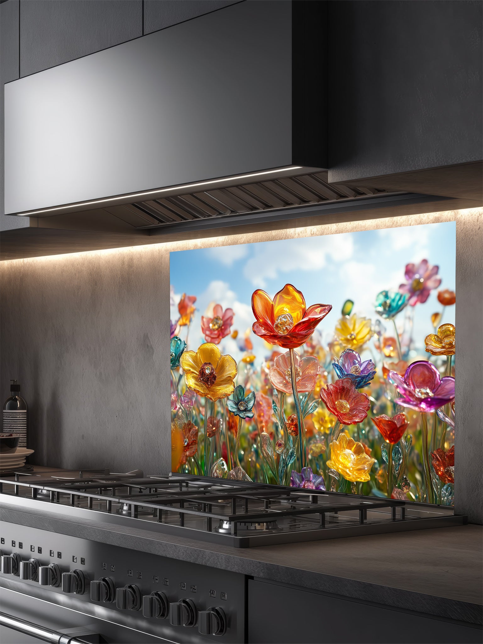 Tempered glass kitchen backsplash featuring a highly realistic 3D illusion of delicate blown glass wildflowers in vibrant translucent jewel tones against a bright blue sky, installed behind a modern stainless steel stove.