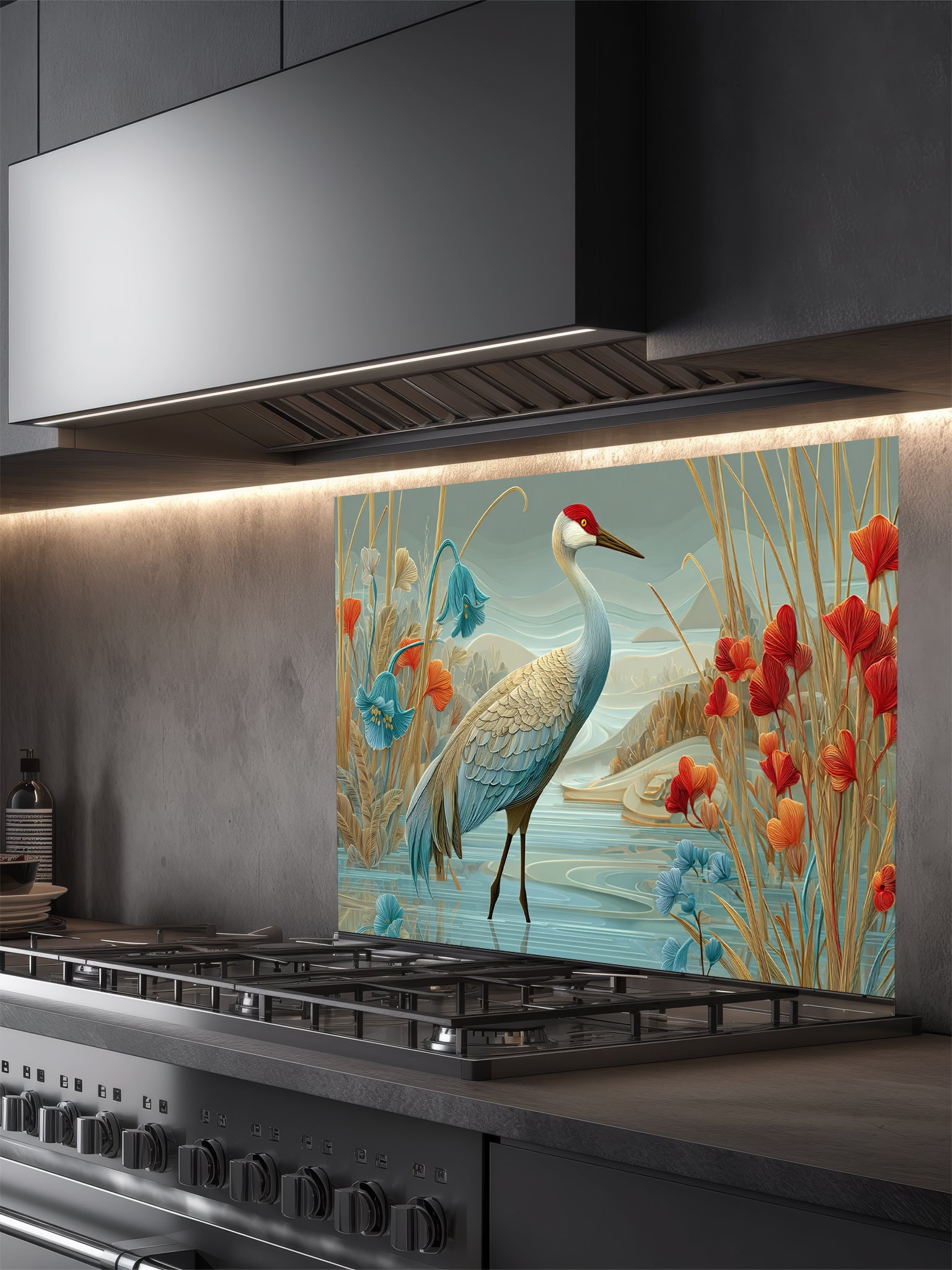 Tempered glass kitchen backsplash featuring a highly realistic illustrative design of a majestic crane standing in water among stylized red poppies and bluebell flowers against a sage green sky, installed behind a modern black stove.