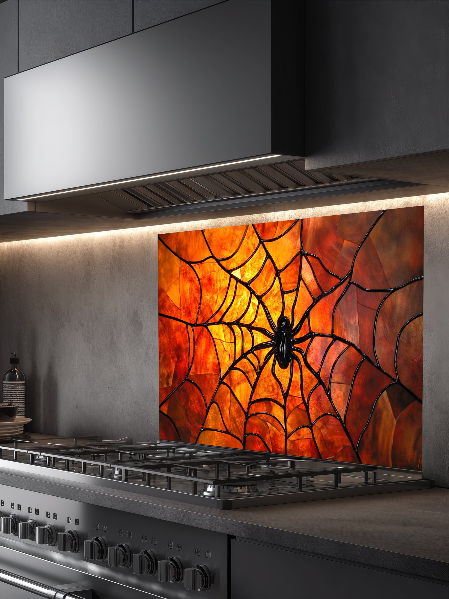 Tempered glass kitchen backsplash featuring a highly realistic 3D illusion of stained glass art showing a black spider in the center of a glowing amber and orange spider web, installed behind a modern black stove.
