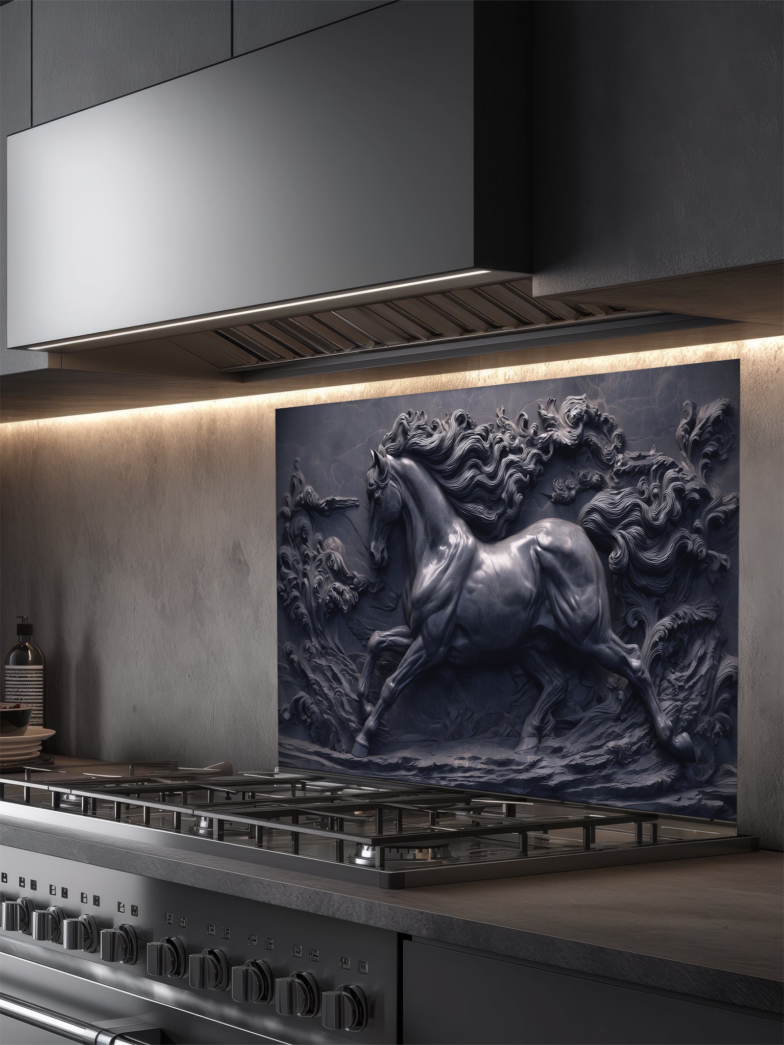 Faux 3D sculpted dark slate and black cast iron relief of a majestic galloping horse through swirling waves, UV printed on a smooth tempered glass kitchen backsplash.