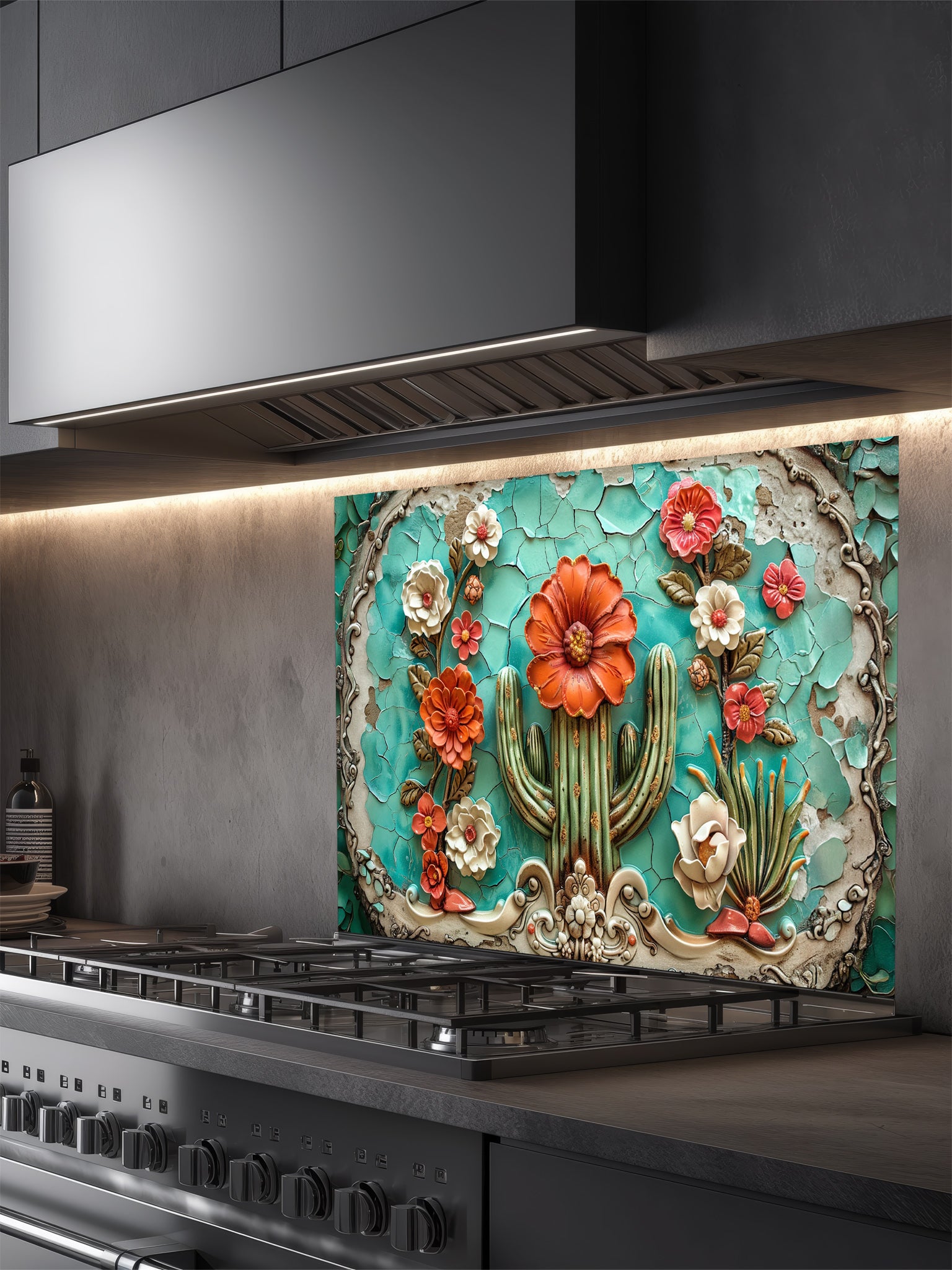 Faux 3D effect embossed blooming cactus with orange flowers on vintage cracked turquoise tiles, UV printed on a smooth tempered glass kitchen backsplash, installed behind a modern stove.