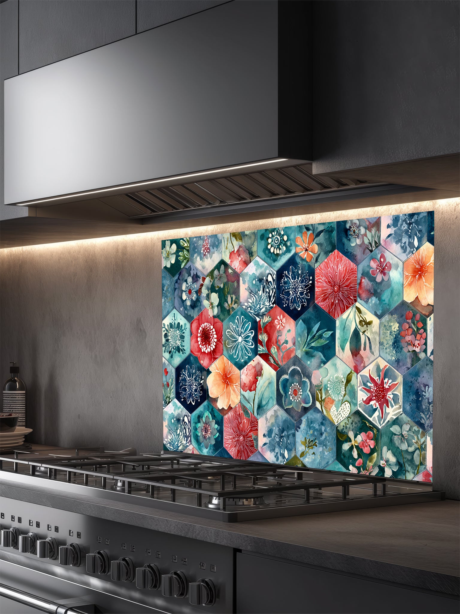 Tempered glass kitchen backsplash featuring a highly realistic illusion of geometric hexagon tiles showcasing delicate, hand-painted style watercolor floral patterns in navy blue, teal, coral red, and peach, installed behind a modern black stove.