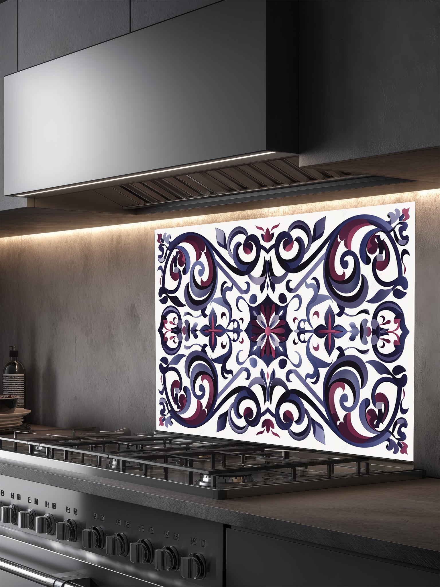 Tempered glass kitchen backsplash featuring a highly realistic illusion of classic Mediterranean or Moroccan tiles, showcasing an elegant, symmetrical Damask pattern in deep navy blue, plum, and grey on a white background, installed behind a modern black stove.