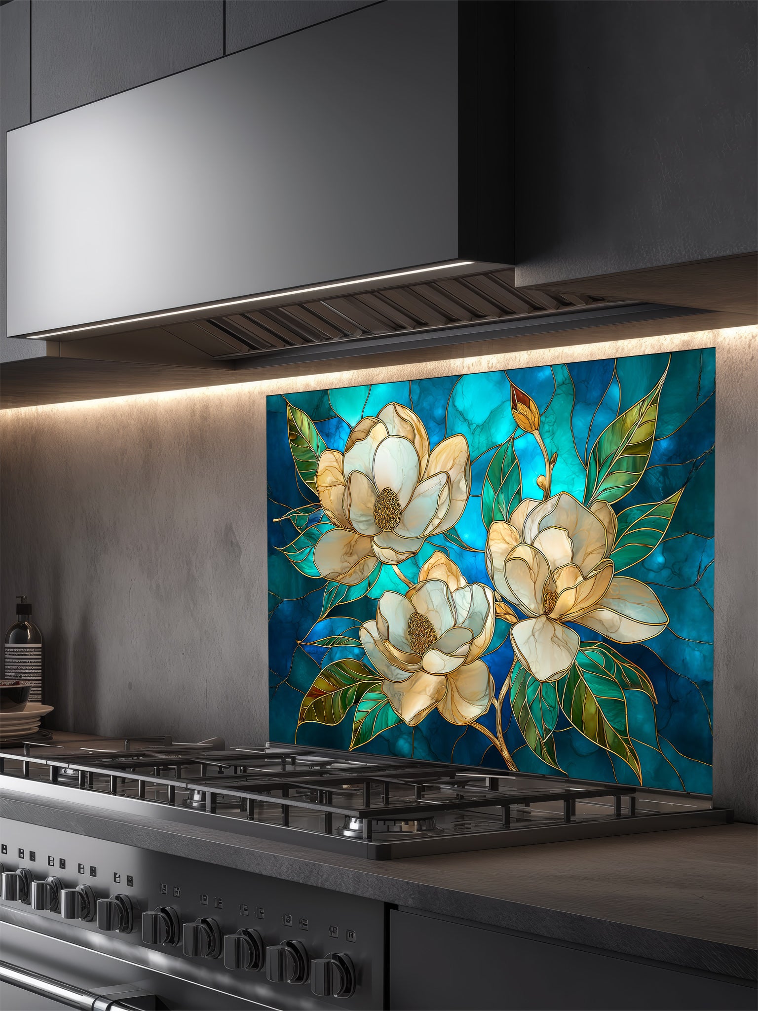 Tempered glass kitchen backsplash featuring a highly realistic 3D illusion of stained glass art showing elegant white magnolia blossoms with gold outlines against a swirling deep blue and teal background, installed behind a modern stainless steel stove.