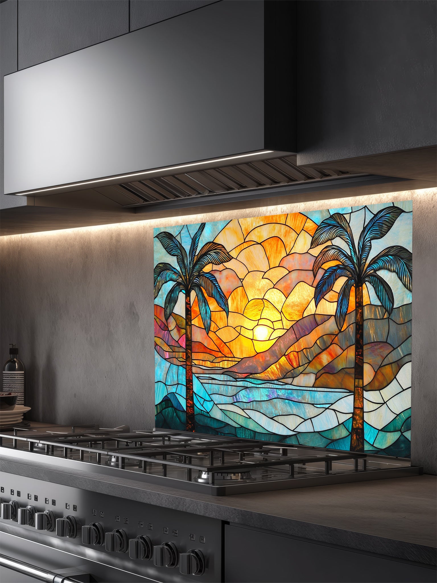 Stained glass style tropical beach sunset with two palm trees, ocean waves, and vibrant orange and blue sky, UV printed on a smooth tempered glass kitchen backsplash, installed behind a modern stove.