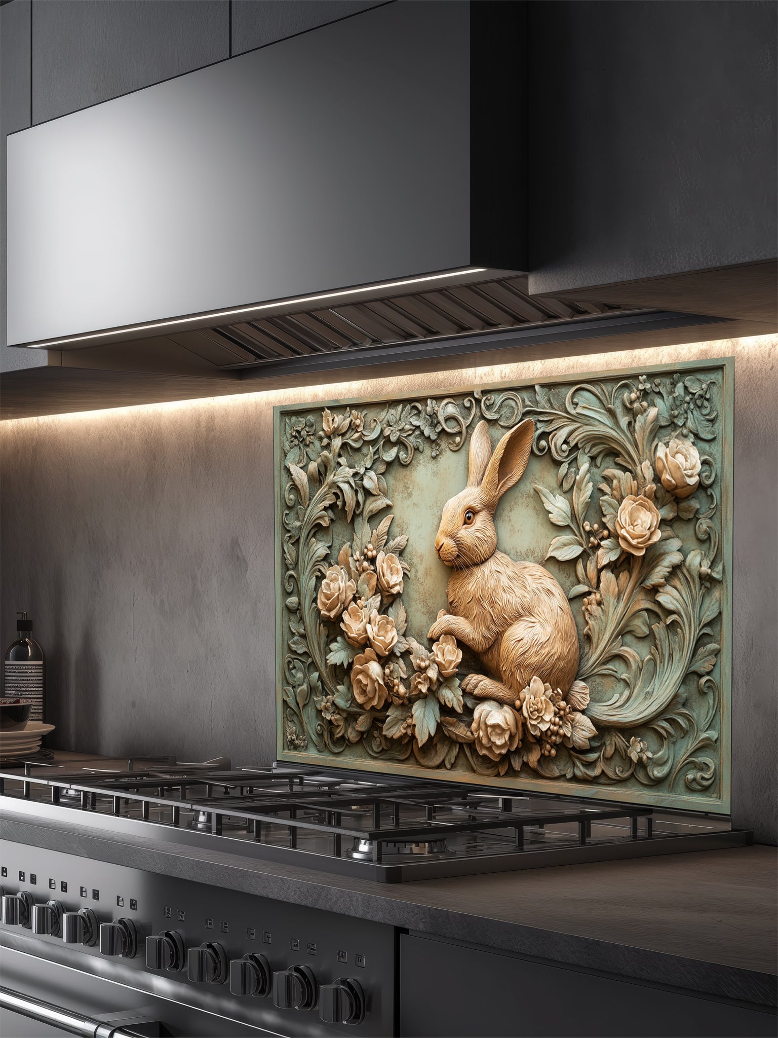 Tempered glass kitchen backsplash featuring a highly realistic 3D illusion of an antique carved bas-relief sculpture showing a gentle woodland rabbit surrounded by blooming roses and ornate foliage in warm earthy tones and a vintage greenish patina, installed behind a modern black stove.