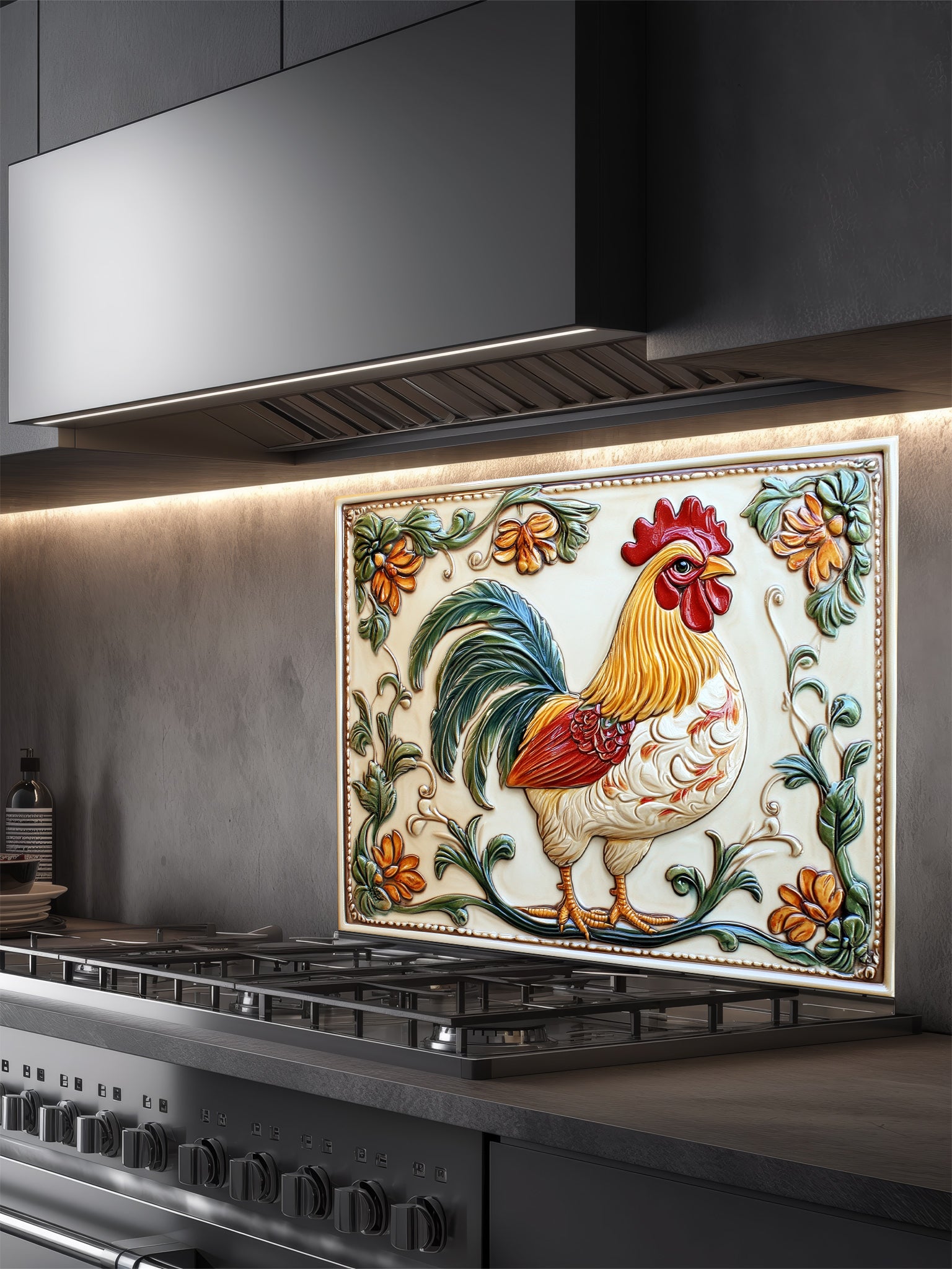 Decorative tile with a rooster design above a stove in a kitchen.