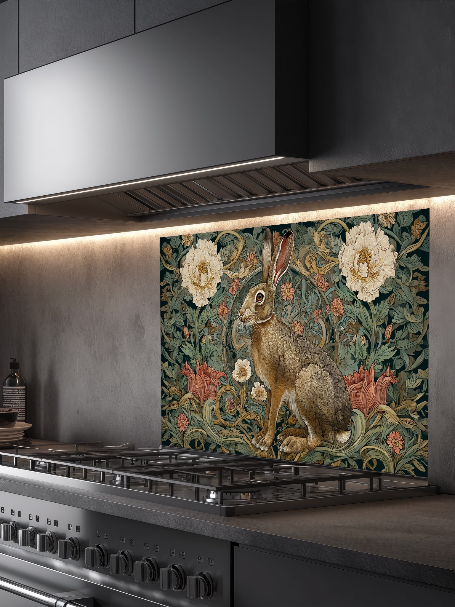 A cozy kitchen featuring a tempered glass backsplash with a vintage botanical illustration of a brown hare surrounded by moody, tapestry-style florals, installed behind a modern stainless steel stove.