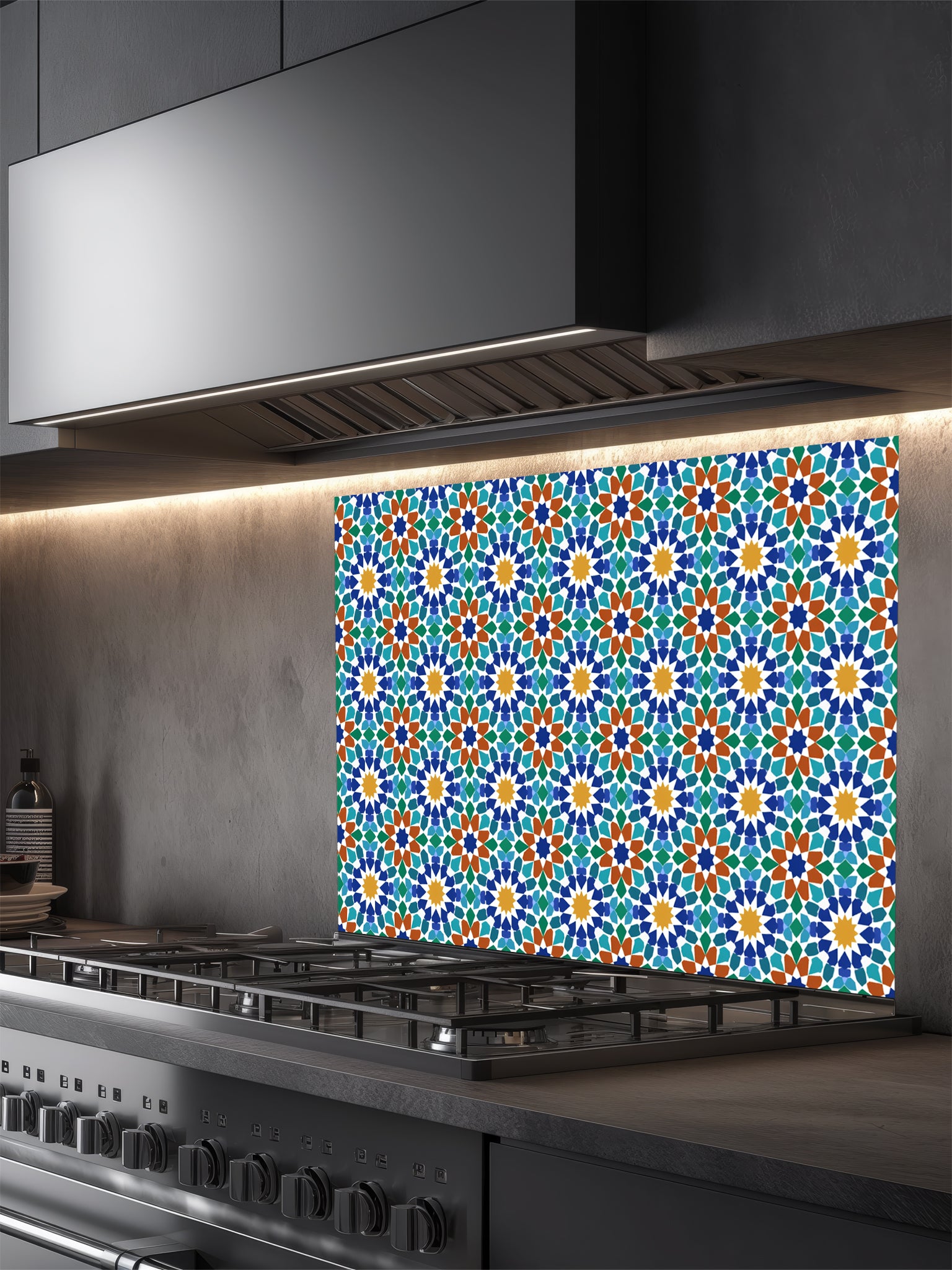 Colorful geometric patterned backsplash on a kitchen stove