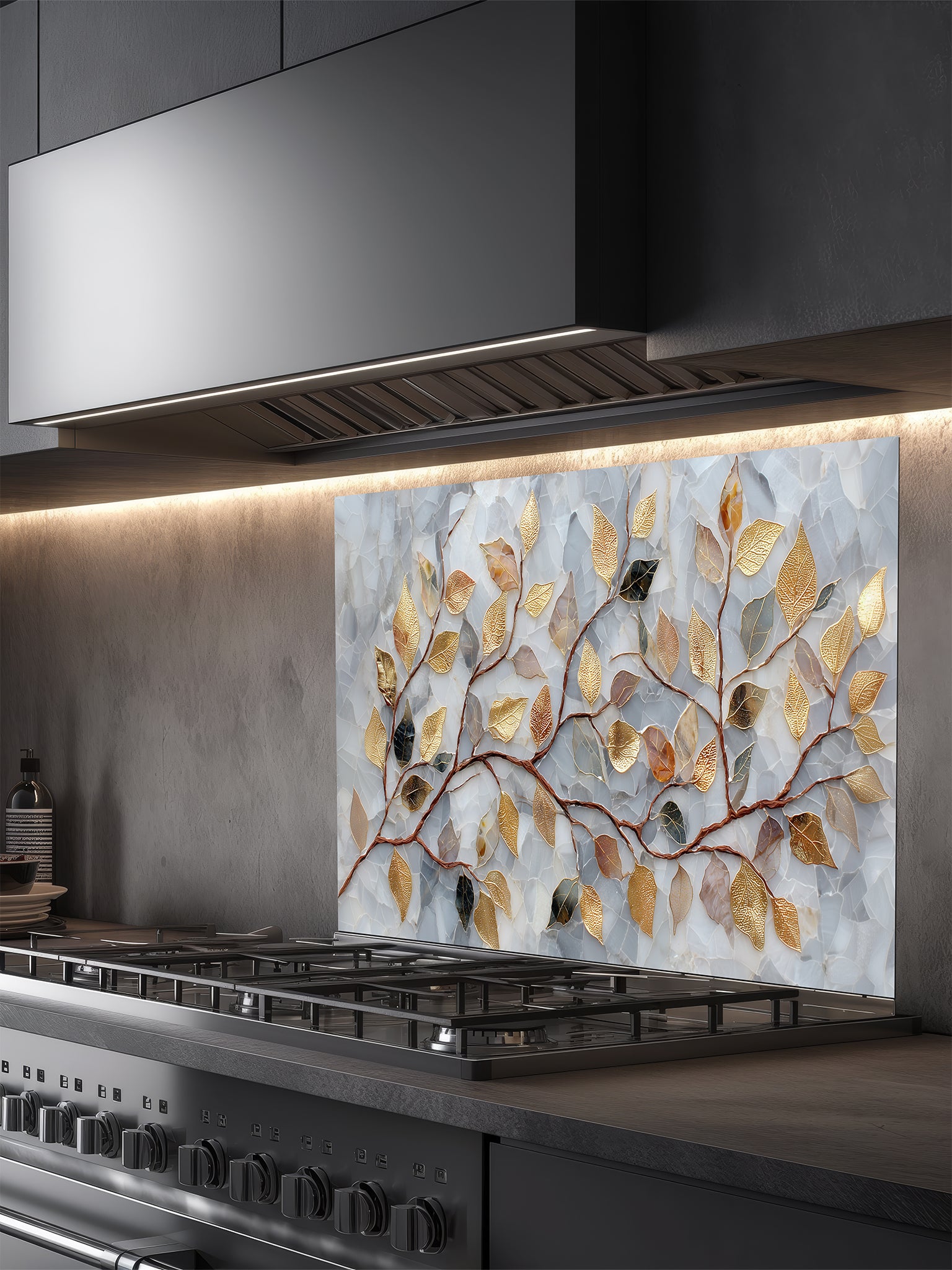 Tempered glass kitchen backsplash featuring a realistic 3D-effect design of elegant gold and bronze leaves on curving branches over a pearlescent white and soft grey cracked mosaic background, installed behind a modern stainless steel stove.