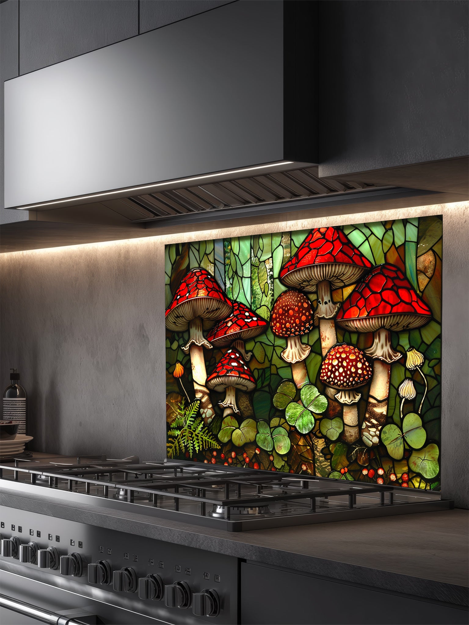 Stained glass style woodland scene with vibrant red mushrooms, ferns, and clovers, UV printed on a smooth tempered glass kitchen backsplash, installed behind a modern stove.