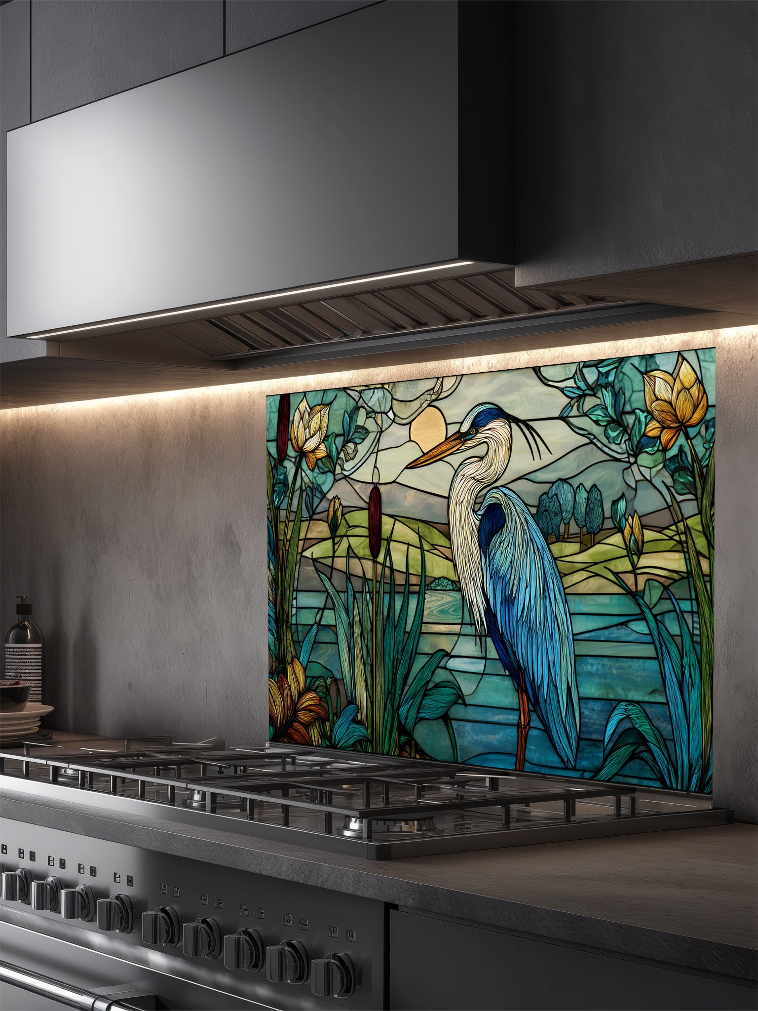 Stained glass panel with a heron design above a stove in a kitchen.