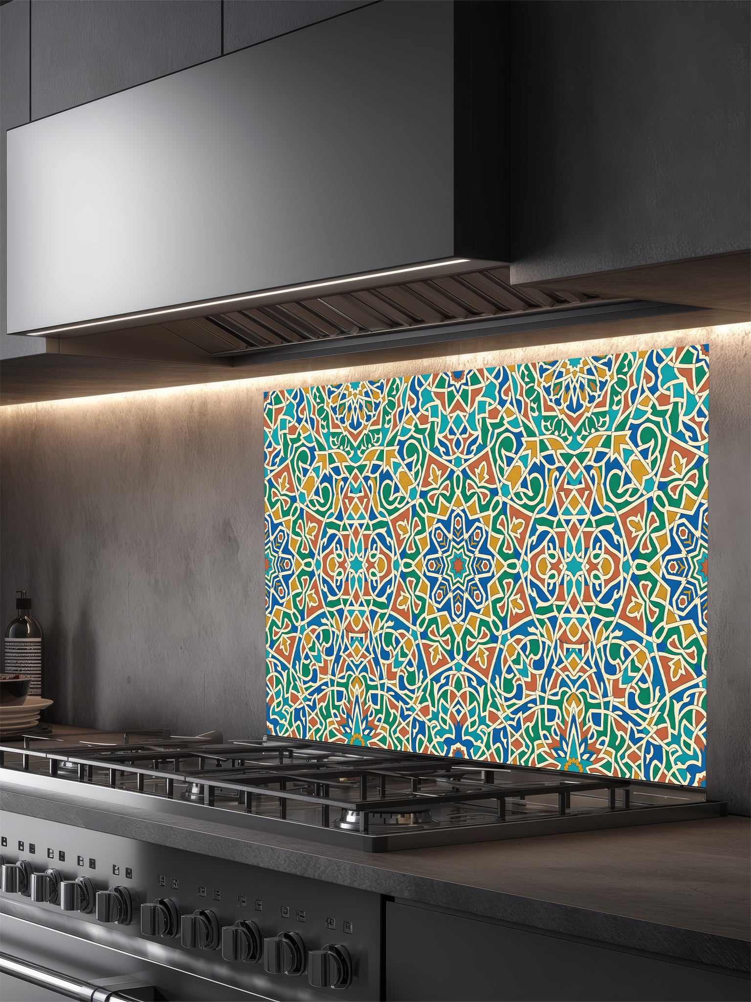 Colorful patterned glass splashback behind a kitchen stove