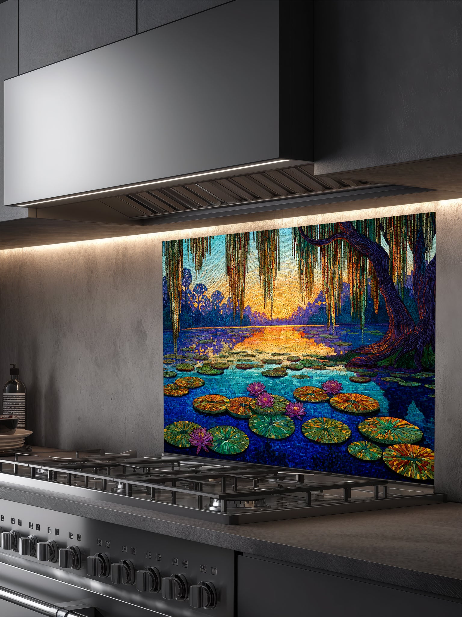 Tempered glass kitchen backsplash featuring a highly realistic 3D illusion of a Pointillist or Impressionist fine art painting, showing a tranquil lake with pink water lilies and a weeping willow at sunset, created with thousands of tiny textured paint dots, installed behind a modern black stove.