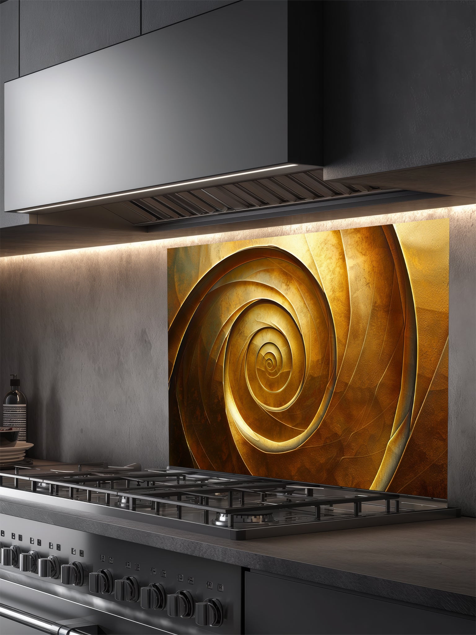 Tempered glass kitchen backsplash featuring a highly realistic 3D illusion of an abstract metallic golden spiral or vortex with deep shadows and glowing bronze highlights, installed behind a modern black stove.